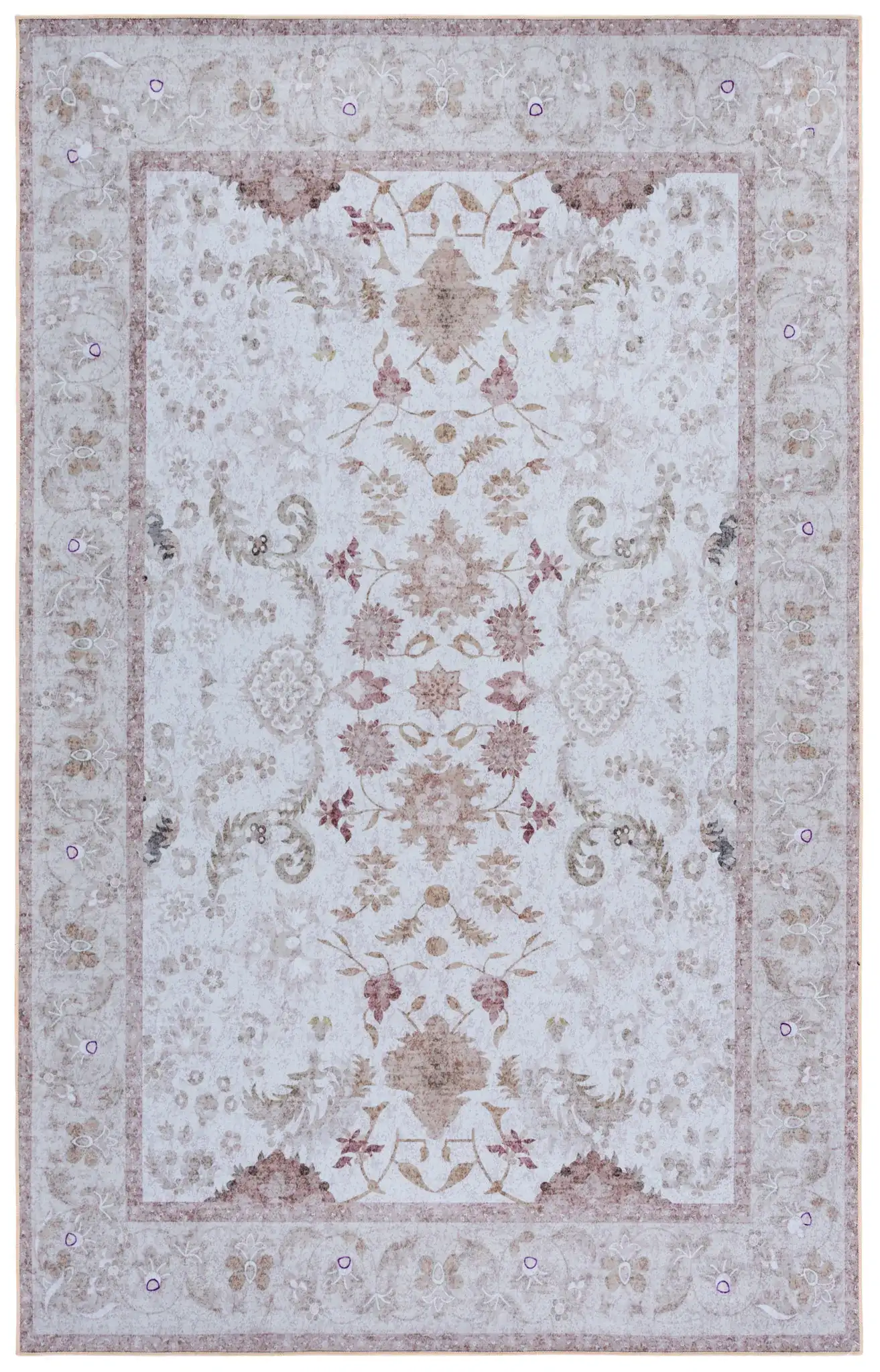 Tucson Vine Floral Bordered Washable Rug in Beige / Light Brown