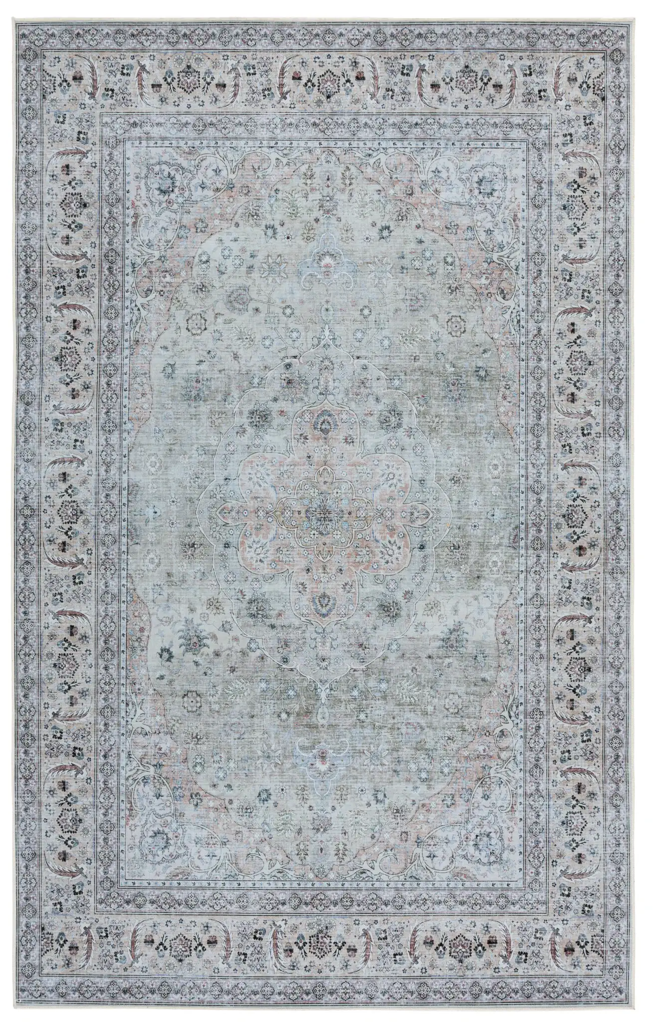 Tucson Vintage Round Floral Medallion Washable Rug in Light Green / Beige