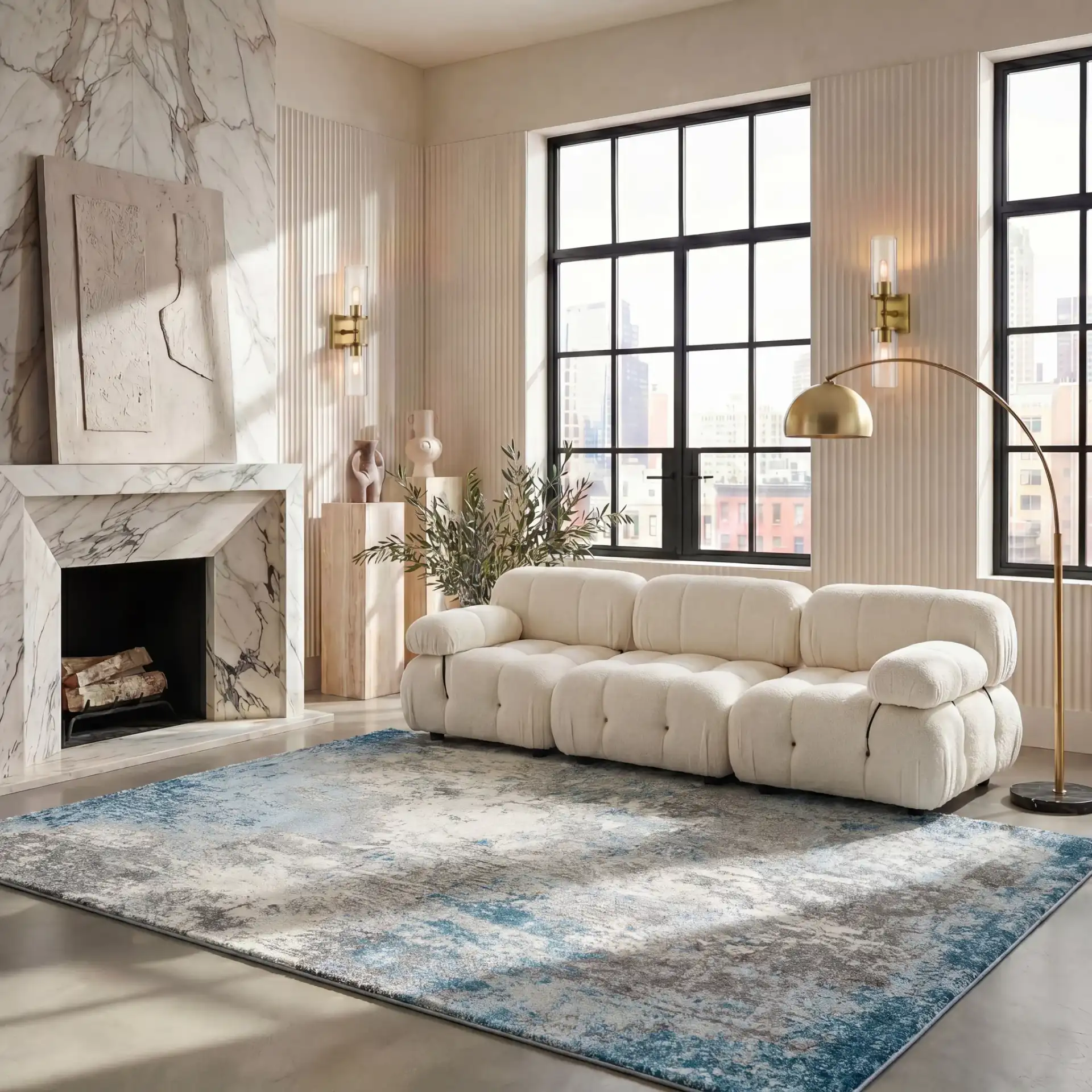 Tulum Abstract Rug in Gray / Blue in a styled room