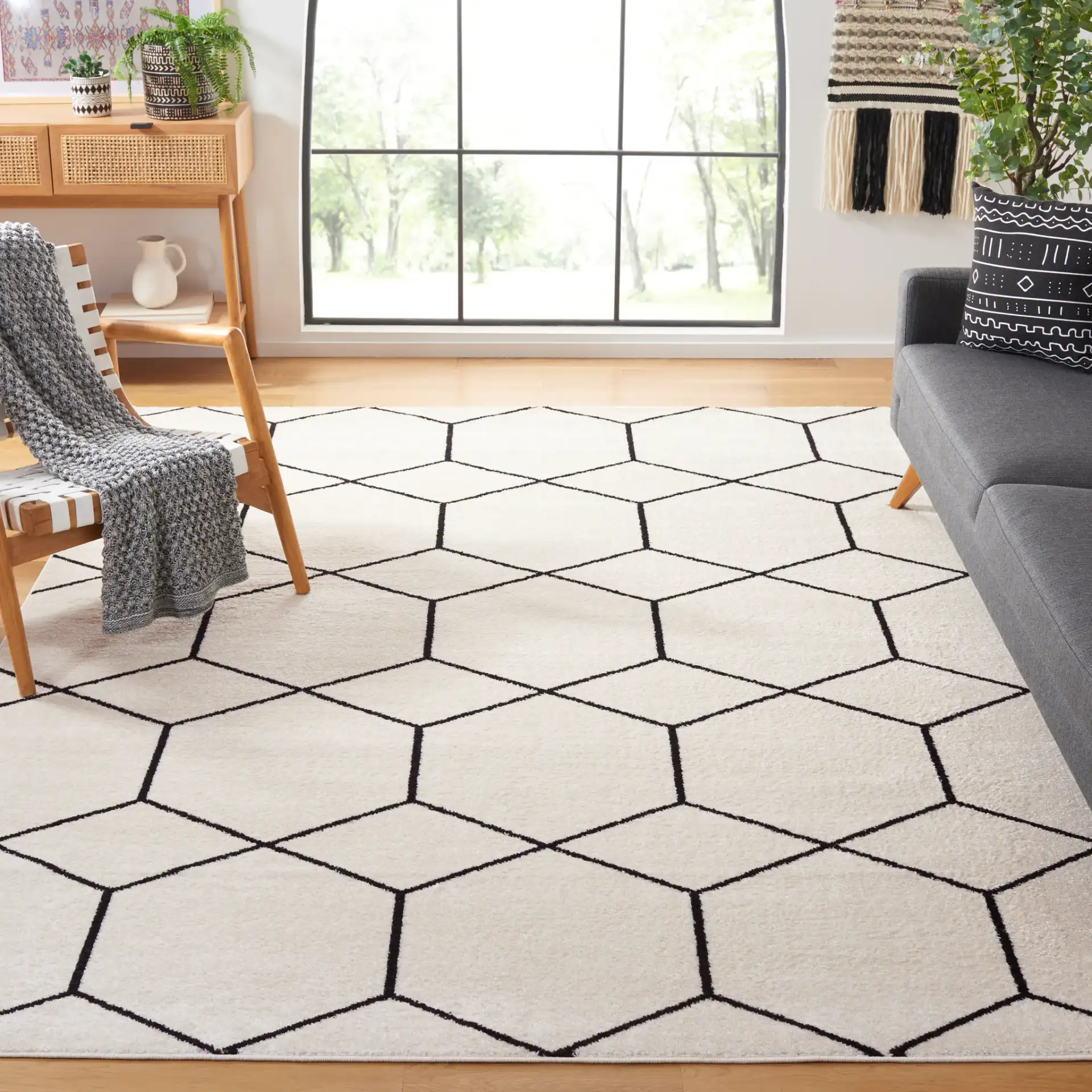 Tulum Geometric Rug in Ivory / Black in a styled room