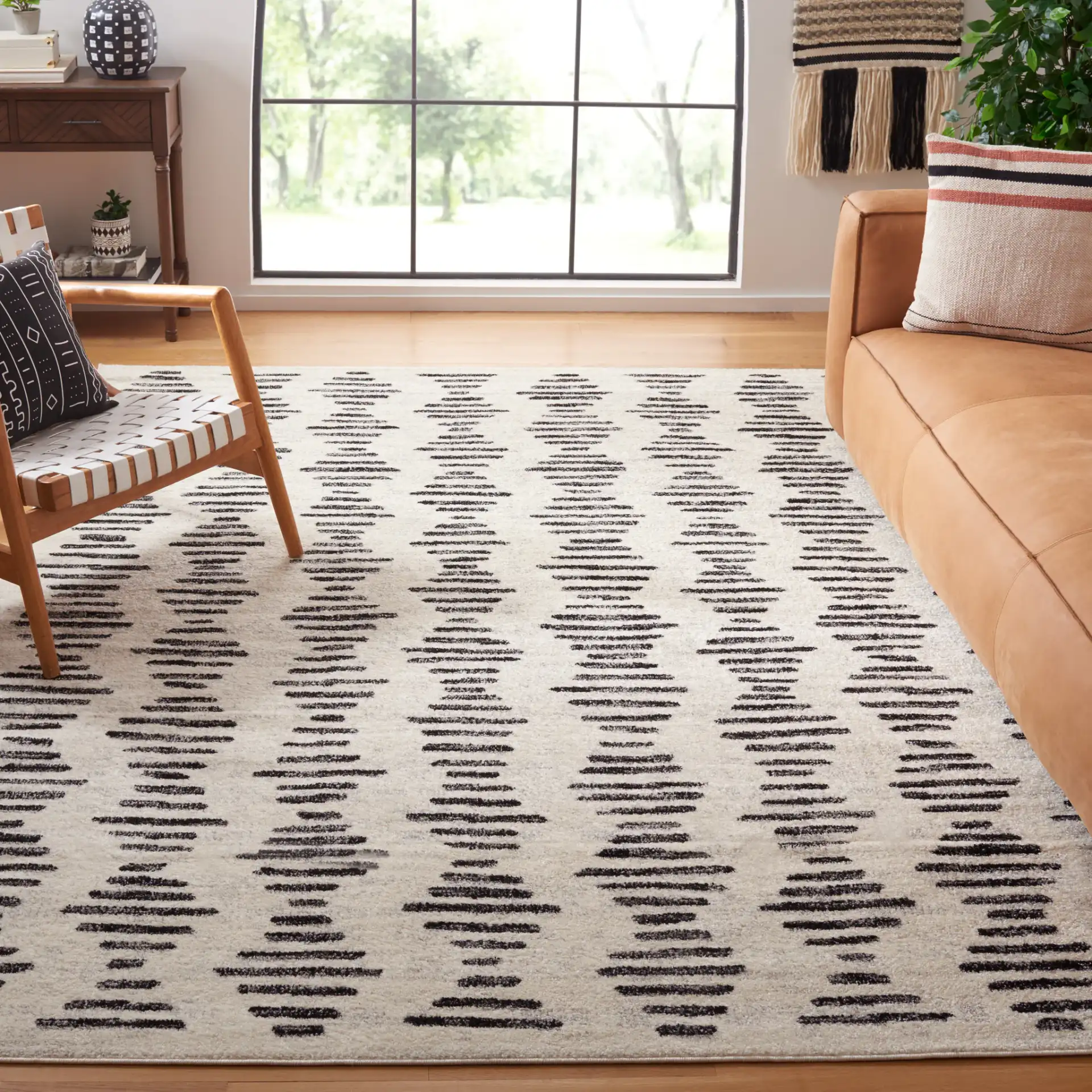 Tulum Stacked Dash Rug in Ivory / Black in a styled room
