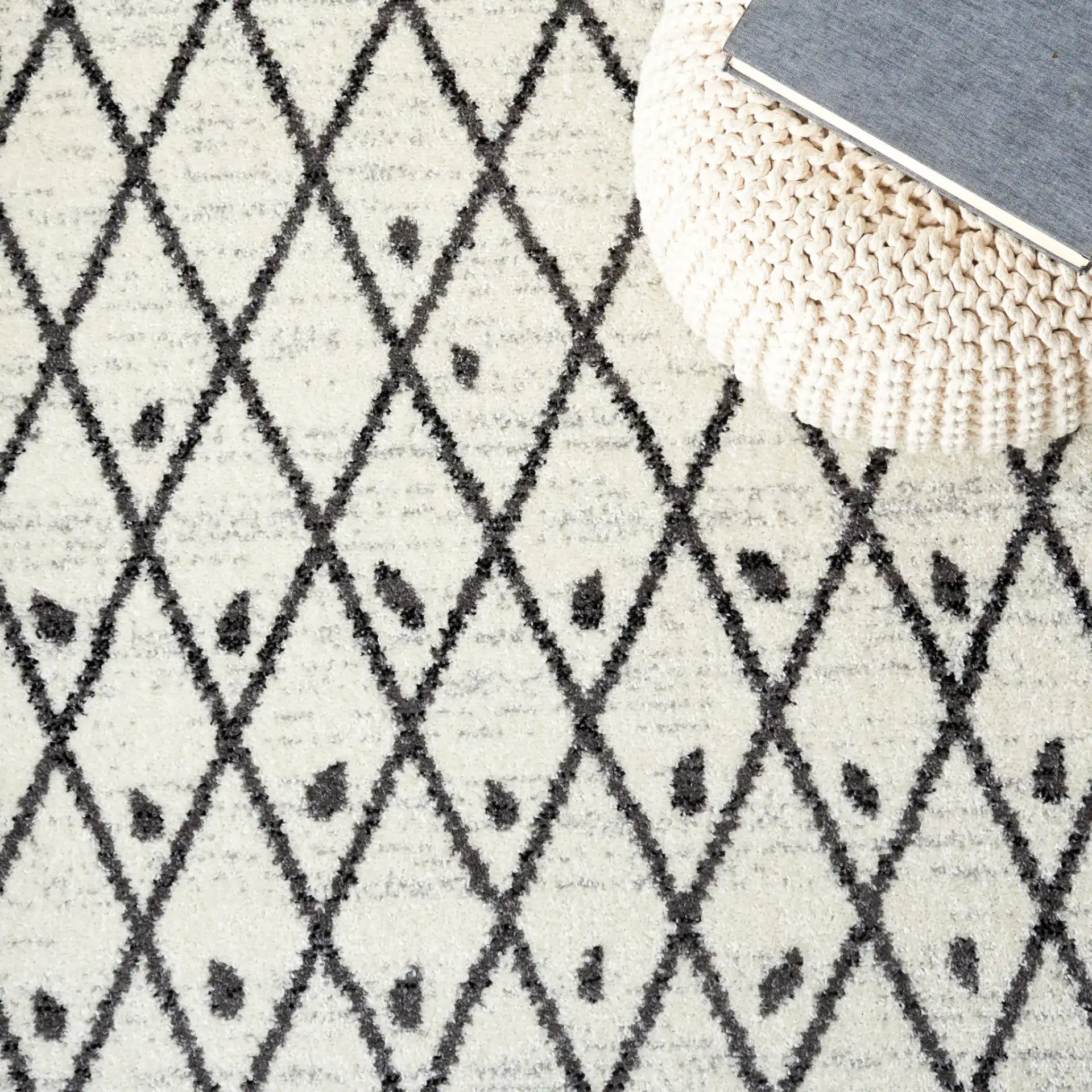 Tulum Leaf Trellis Rug in Ivory / Black in a styled room