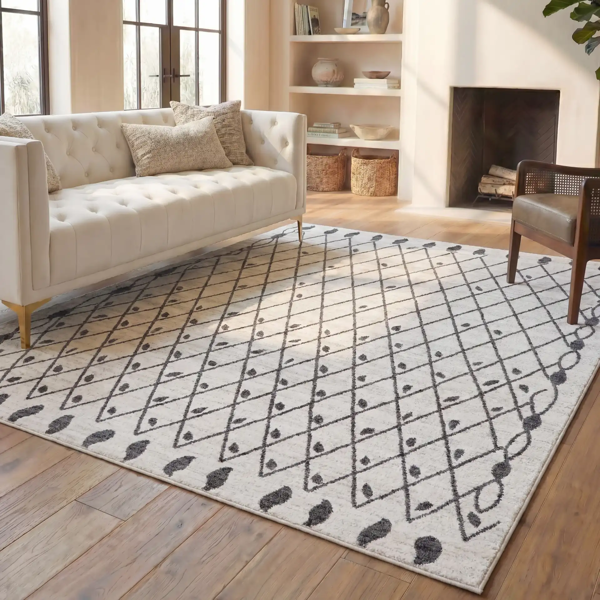 Tulum Leaf Trellis Rug in Ivory / Black in a styled room