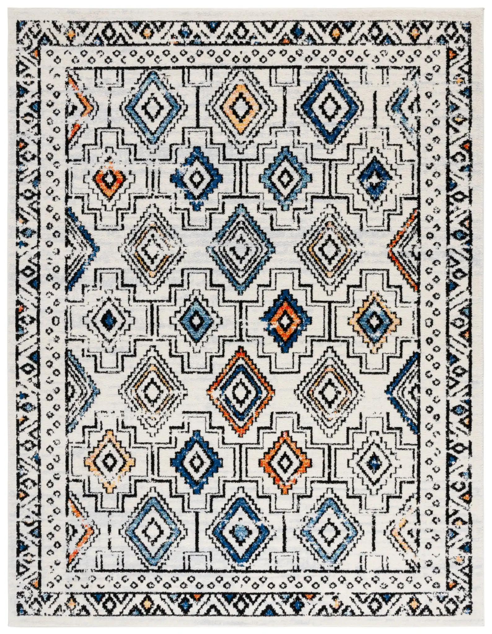 Tulum Bordered Stepped Diamond Rug in Ivory Gray / Blue Rust