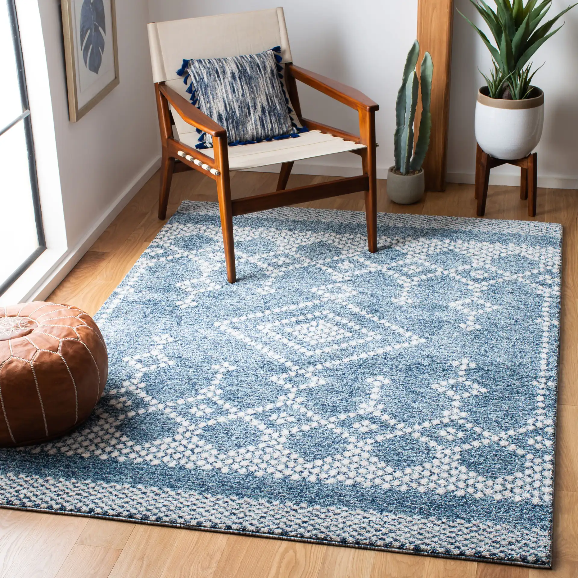 Tunisia Tribal Diamond Rug in Navy / Ivory in a styled room