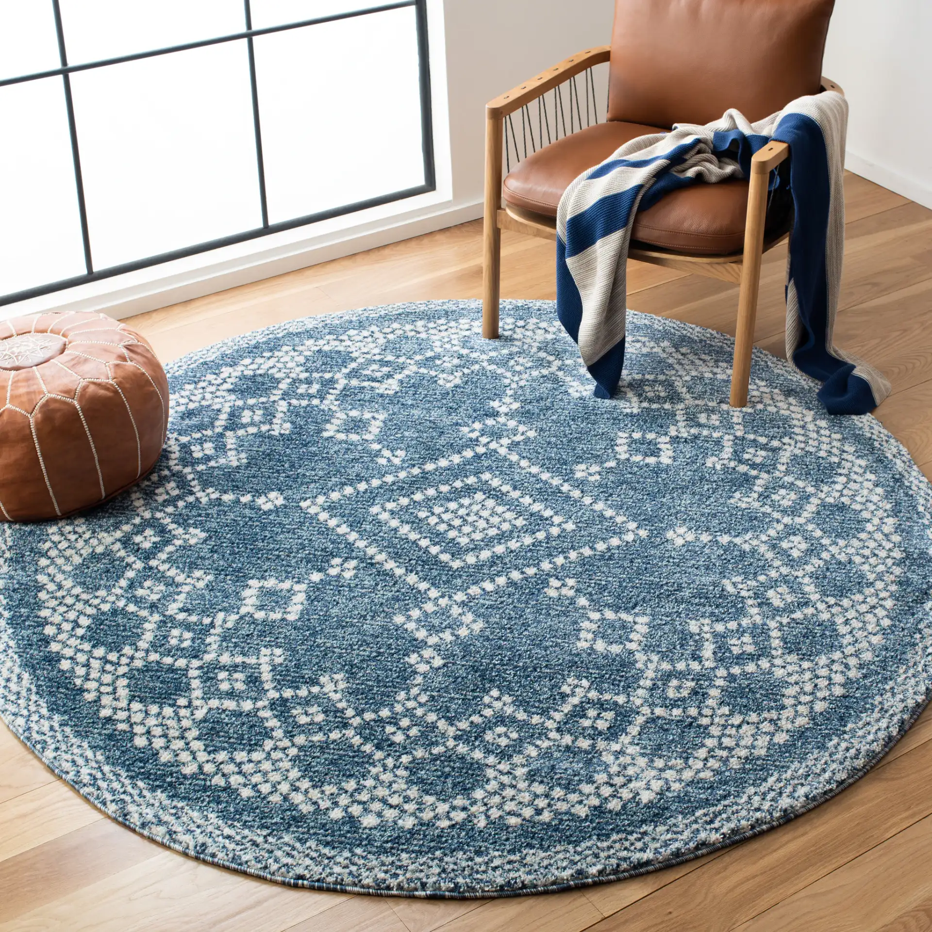 Tunisia Tribal Diamond Rug in Navy / Ivory in a styled room