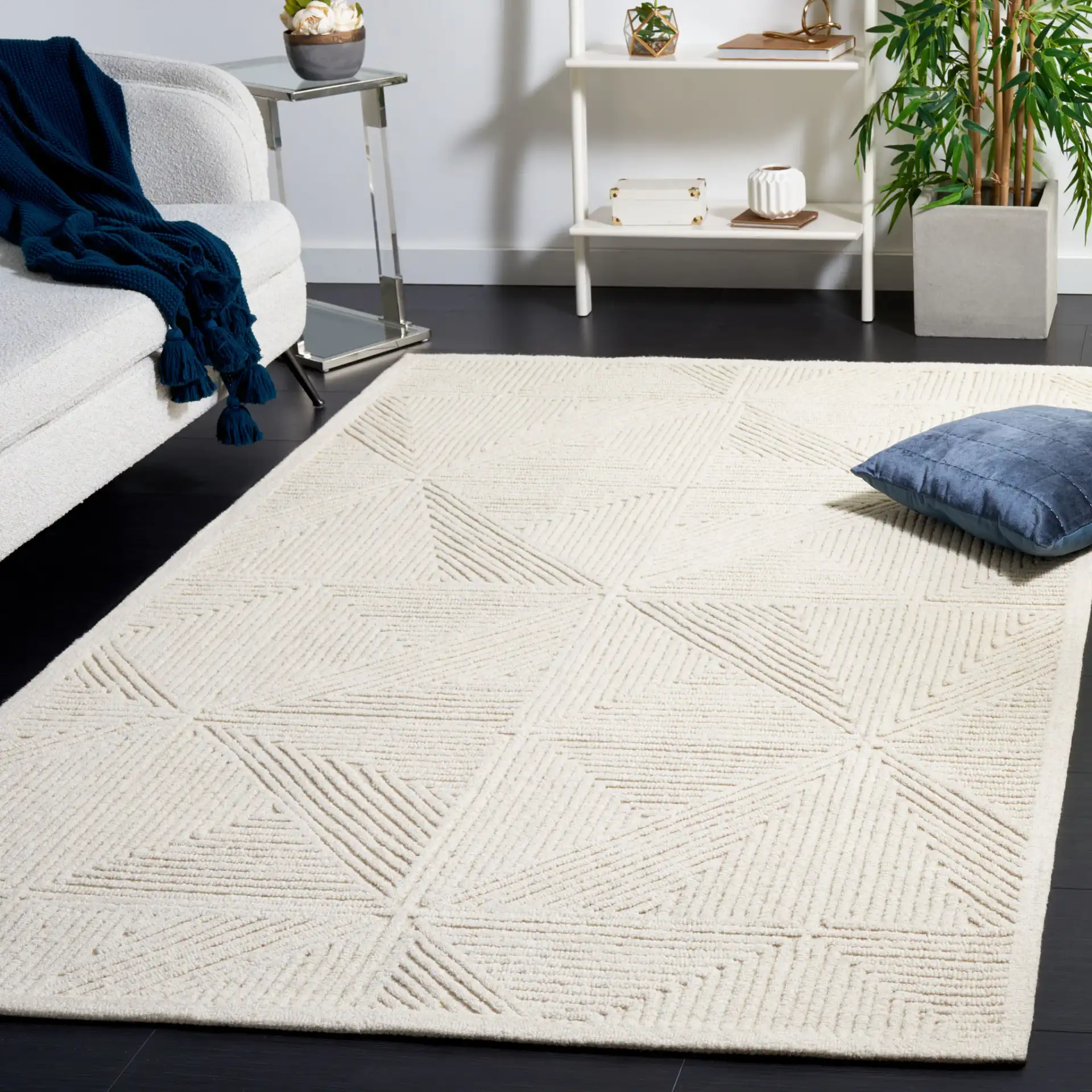 Textural Triangle Grid Hand-Tufted Wool Rug in Ivory in a styled room