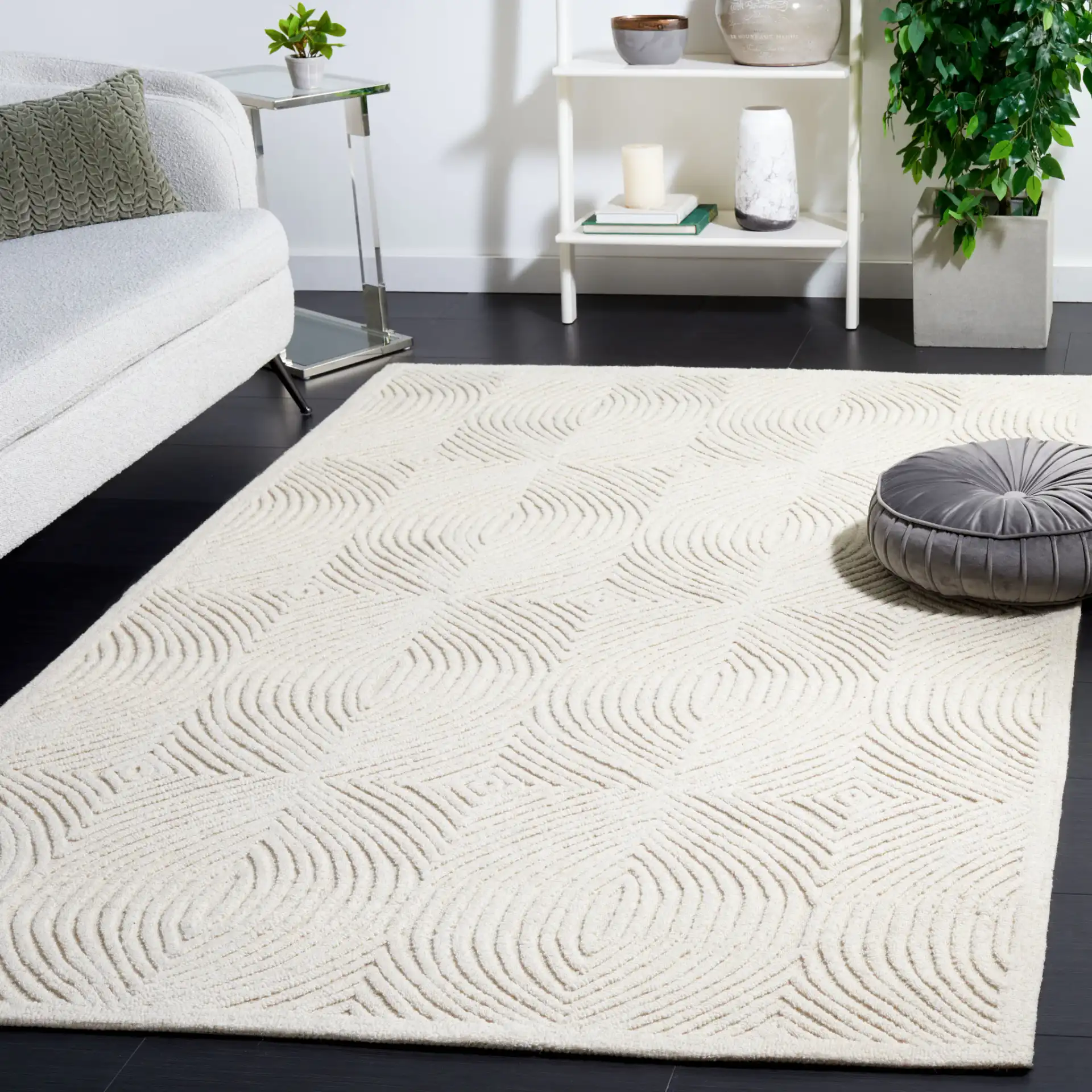Textural Modern Concentric Diamond Hand-Tufted Wool Rug in Ivory in a styled room