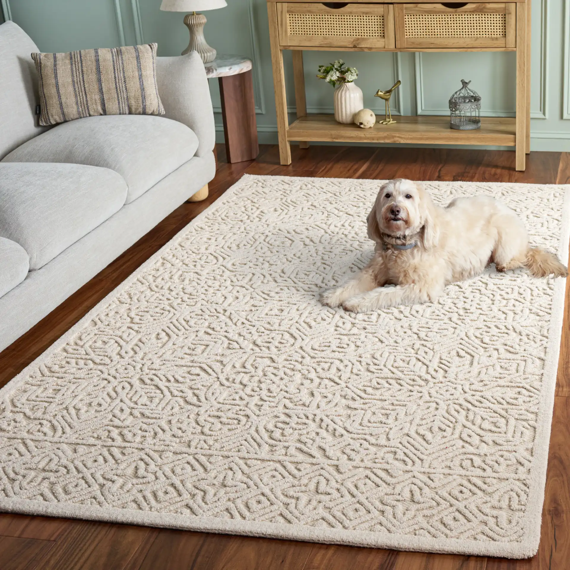 Textural Bohemian Medallion Hand-Tufted Wool Rug in Ivory in a styled room