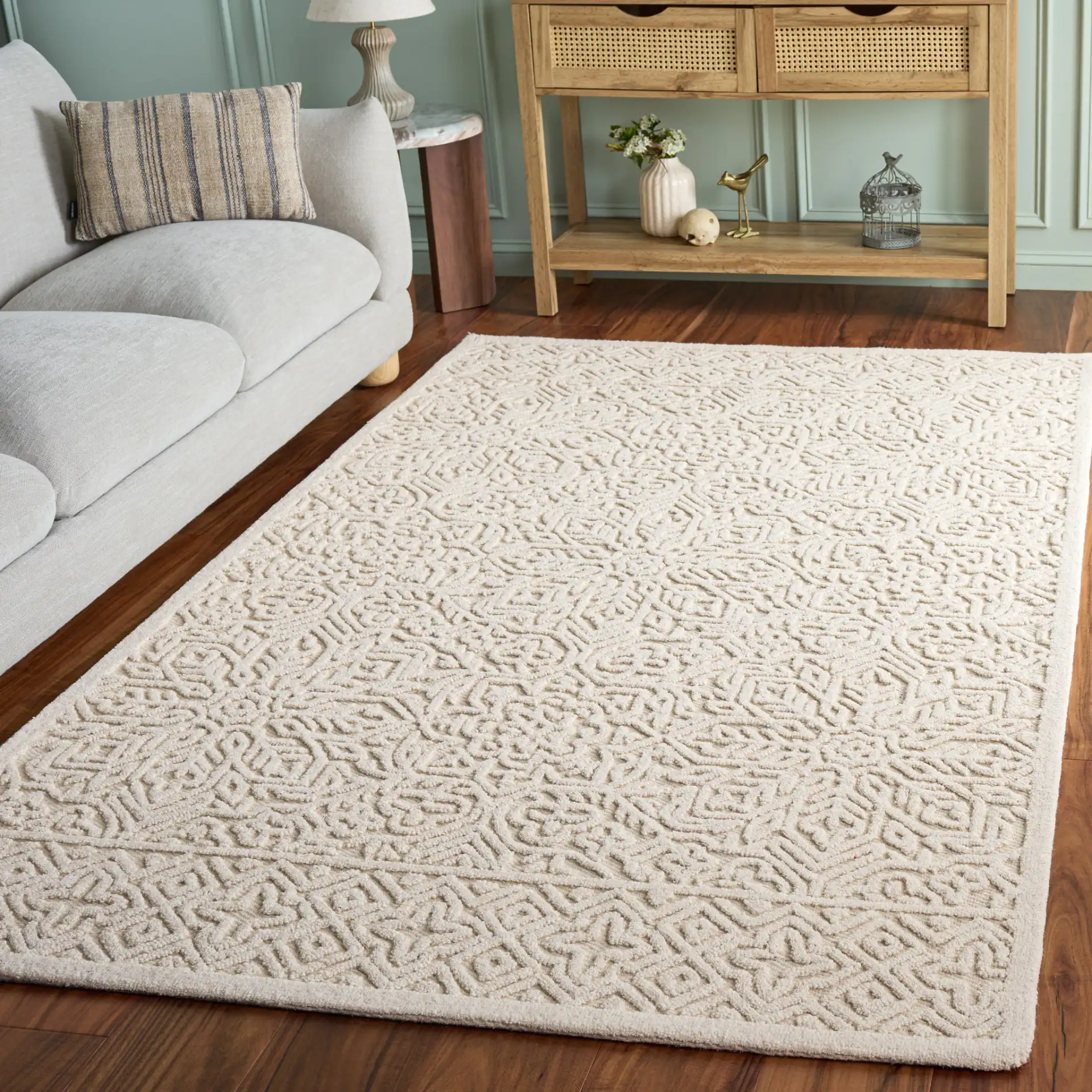 Textural Bohemian Medallion Hand-Tufted Wool Rug in Ivory in a styled room