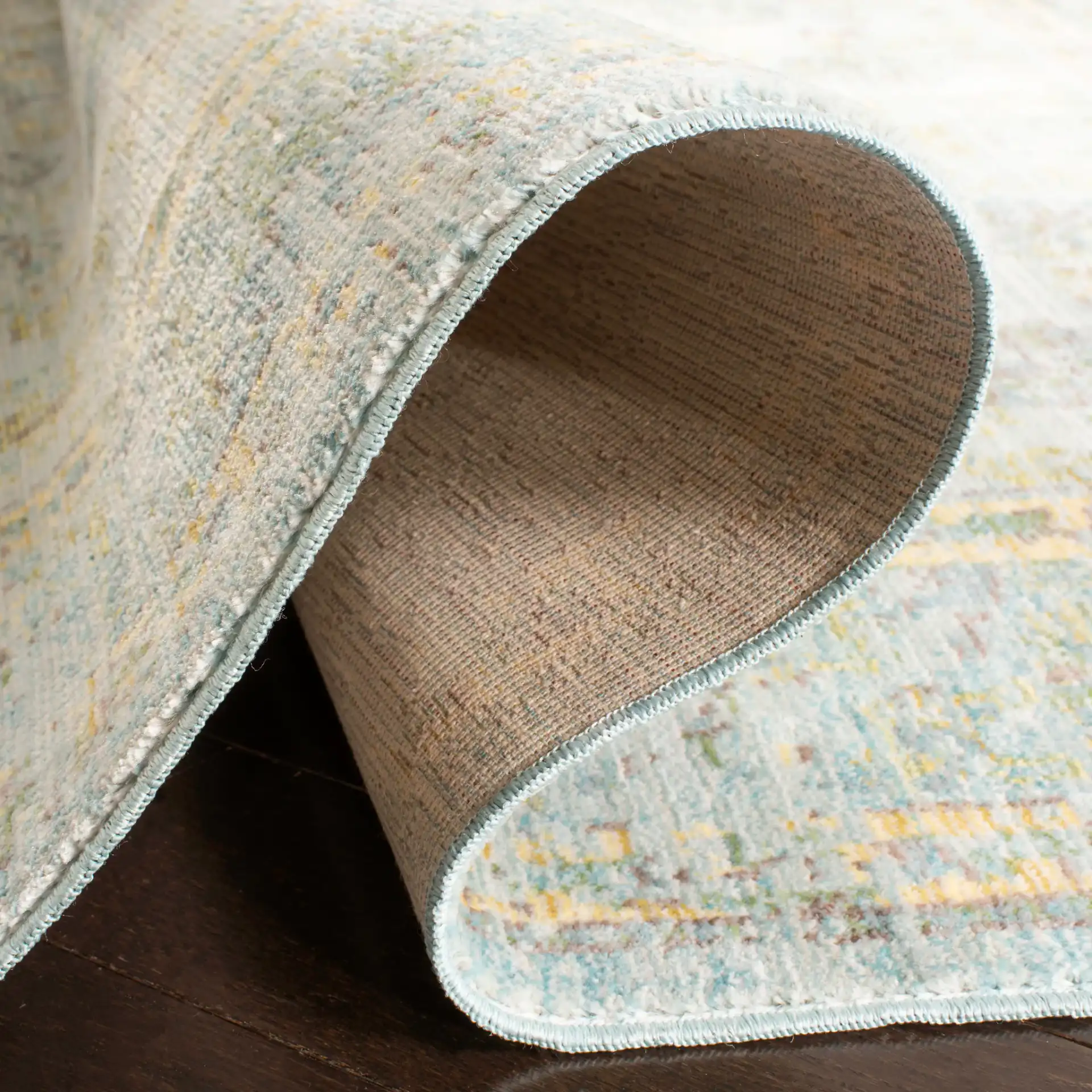 Valencia Floral Scroll Bordered Rug in Light Blue / Turquoise in a styled room