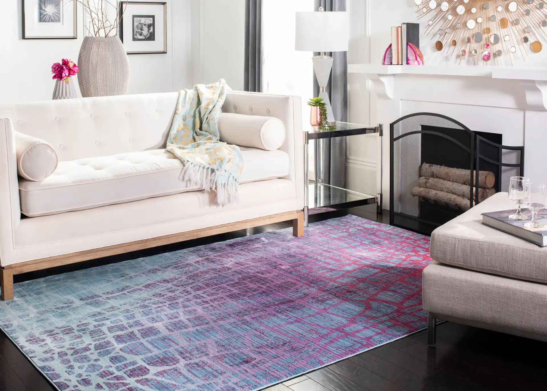 Valencia Cellular Abstract Rug in Blue / Fuchsia in a styled room
