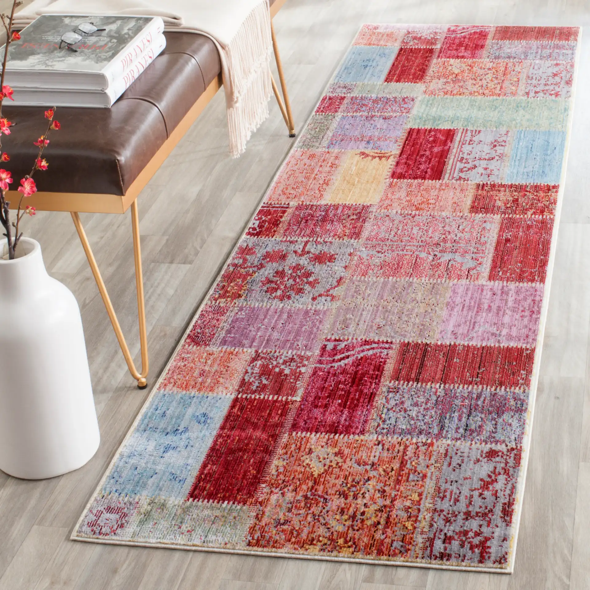 Valencia Patchwork Grid Rug in Multicolor in a styled room
