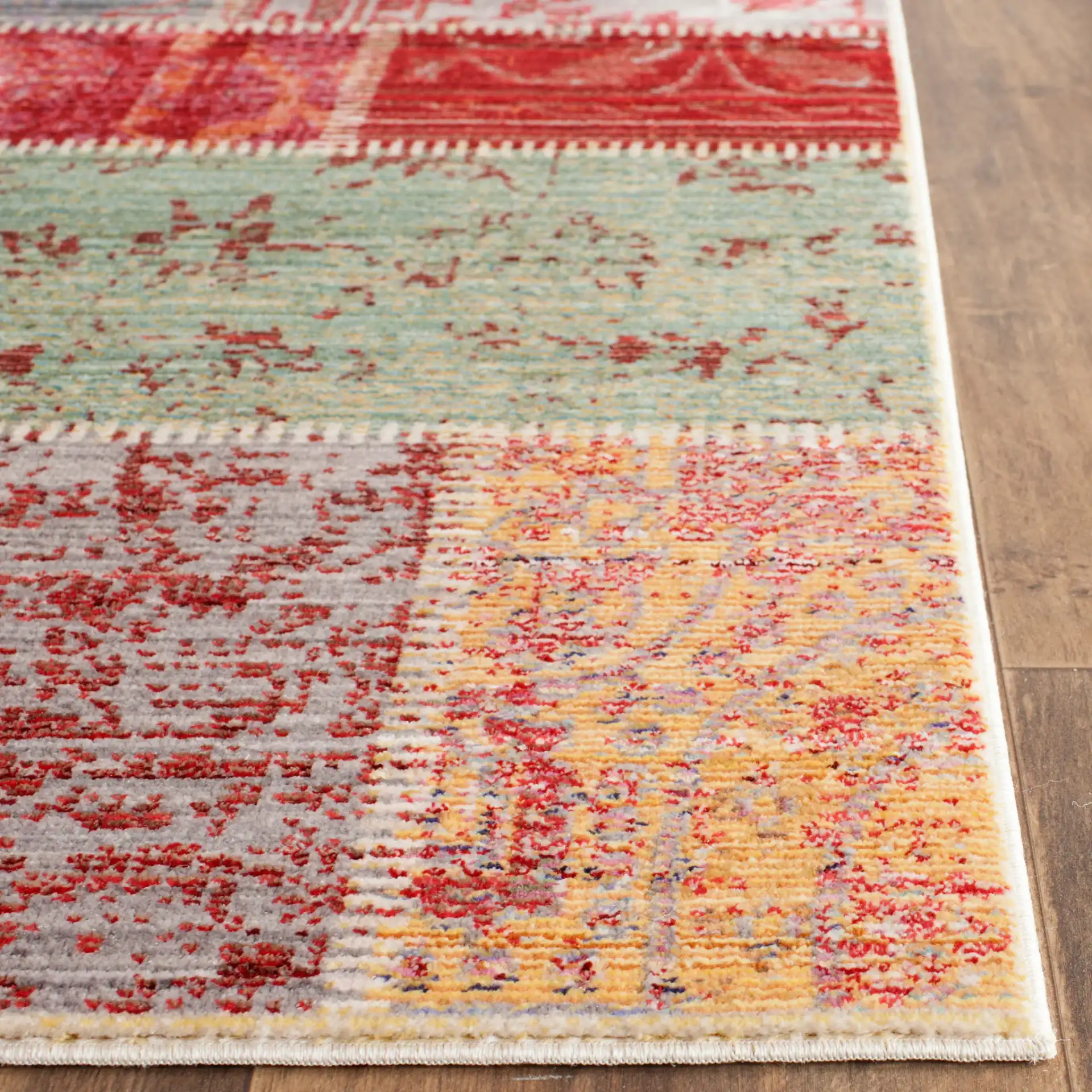 Valencia Patchwork Grid Rug in Multicolor in a styled room