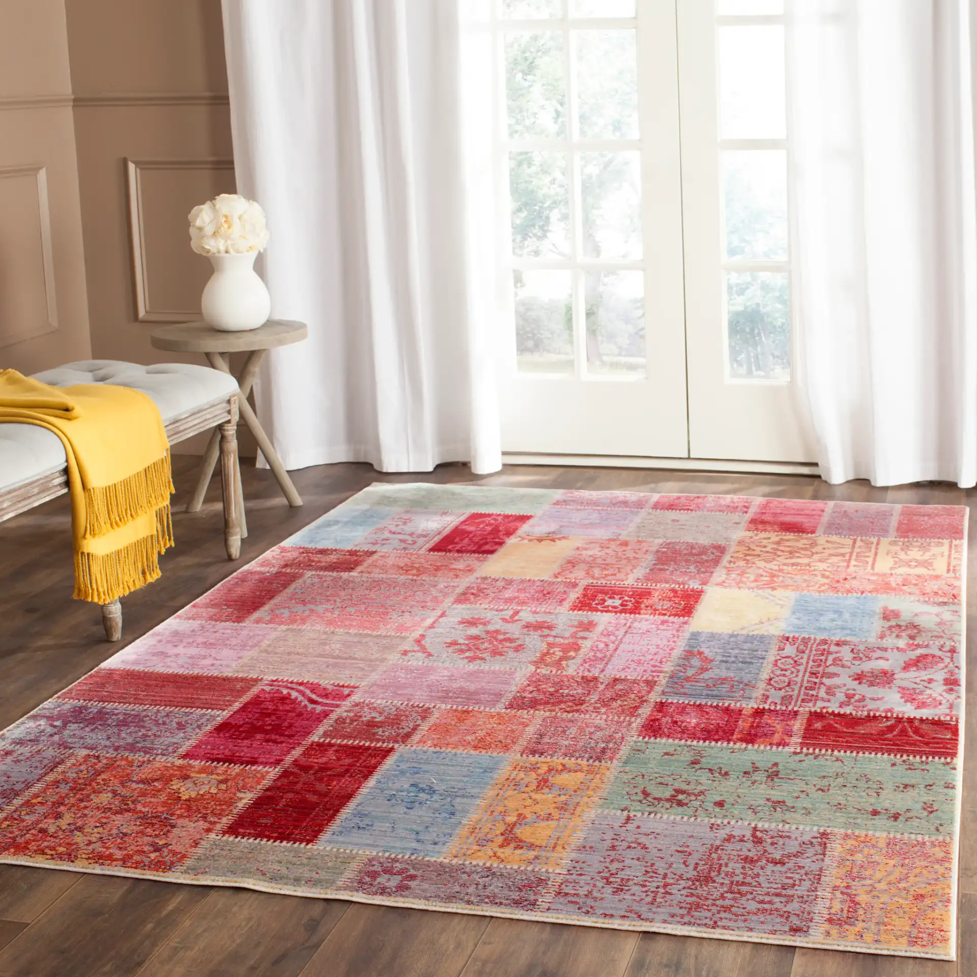 Valencia Patchwork Grid Rug in Multicolor in a styled room
