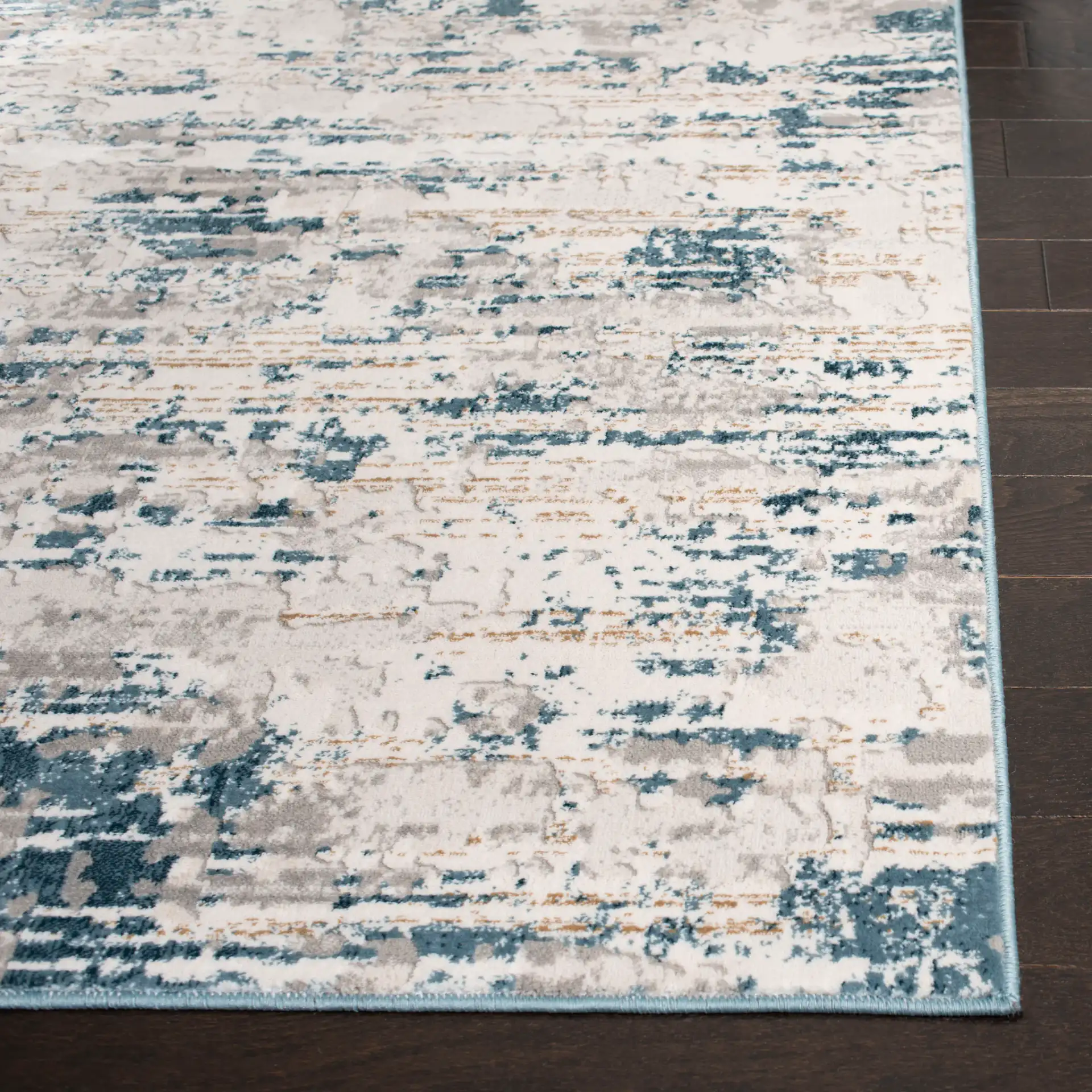 Vogue Abstract Striations Rug in Ivory / Teal in a styled room