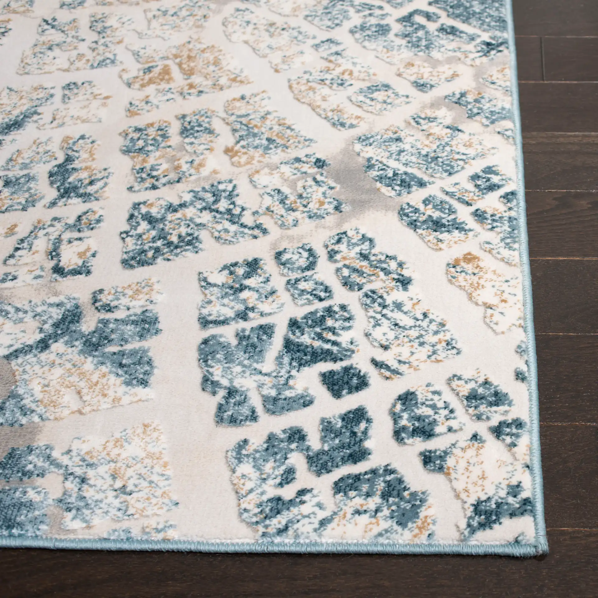 Vogue Concentric Ring Rug in Ivory / Teal in a styled room
