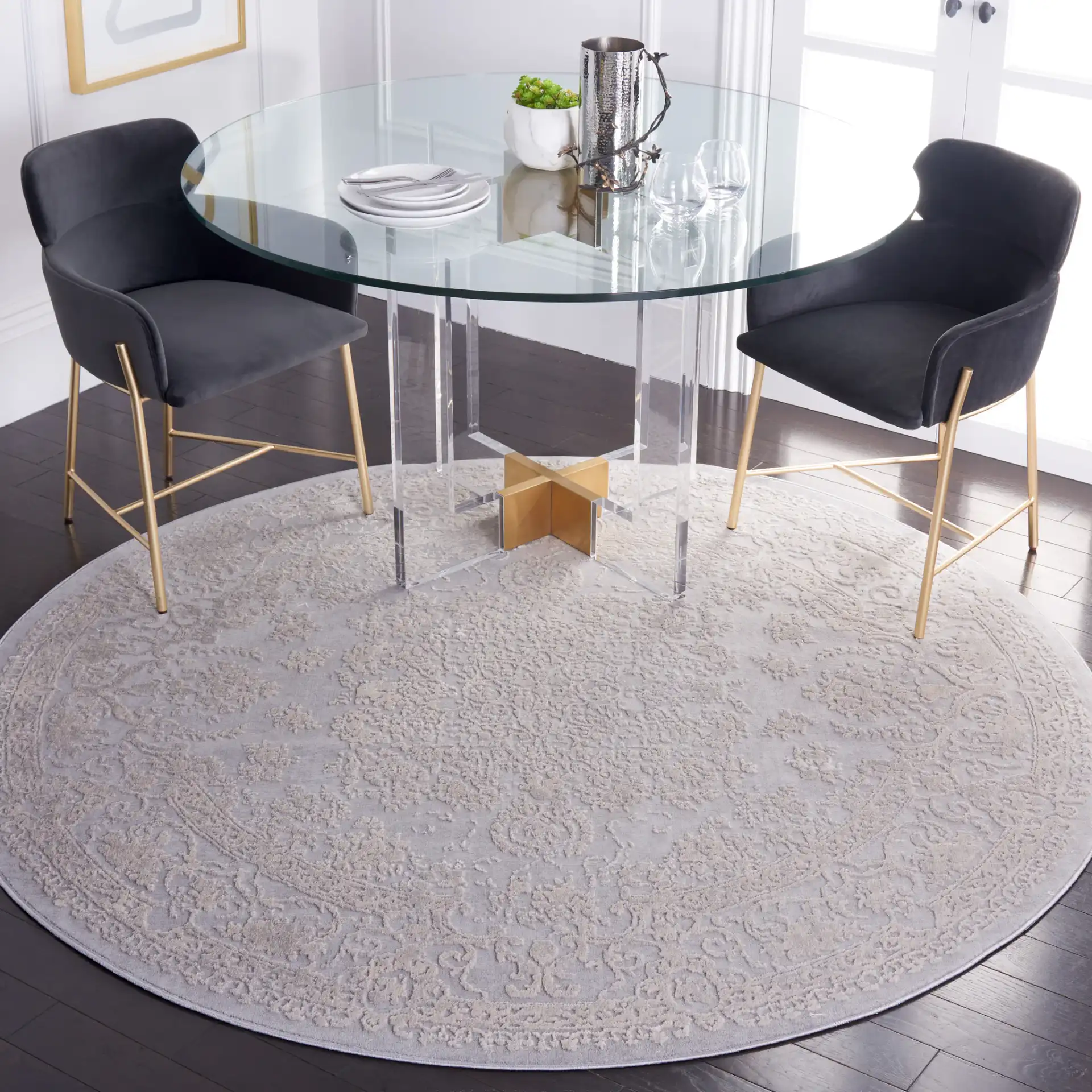 Vogue Floral Medallion Rug in Gray / Light Gray in a styled room