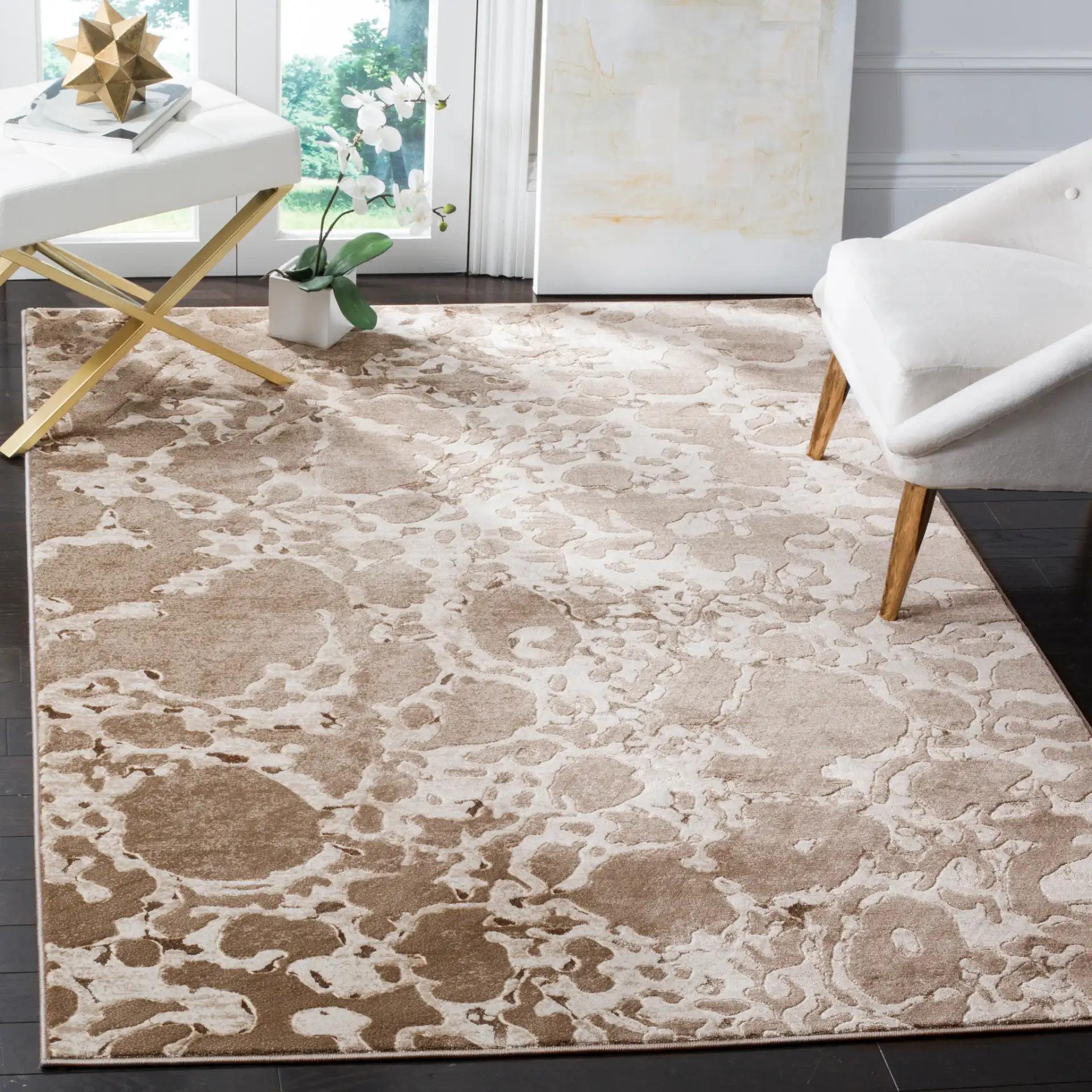 Vogue Organic Abstract Rug in Light Brown in a styled room