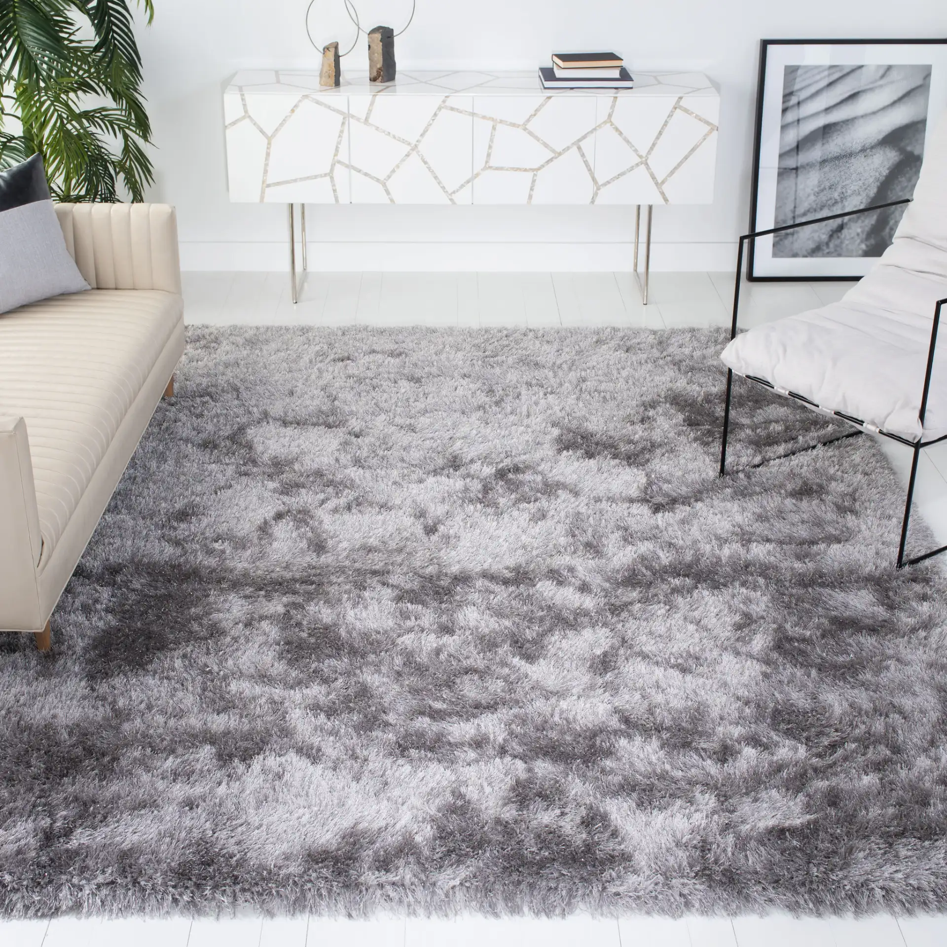 Vegas Solid Shag Rug in Gray in a styled room