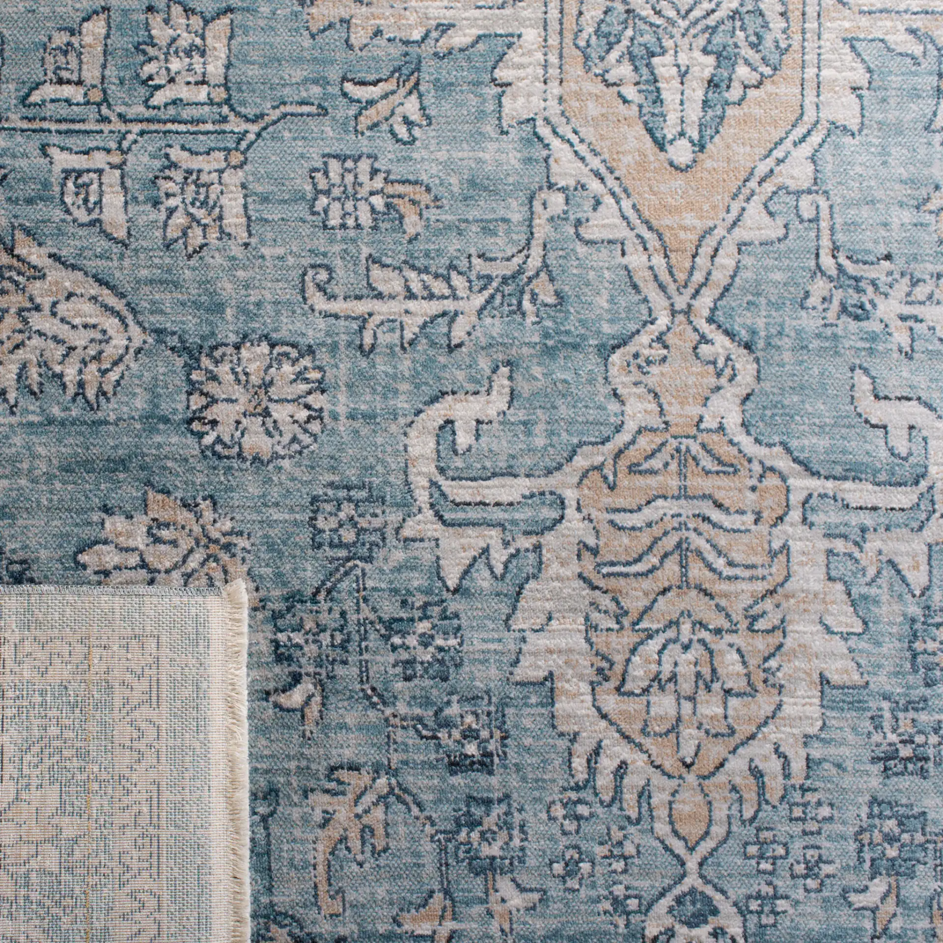 Victoria Floral Medallion Rug in Blue / Gray in a styled room