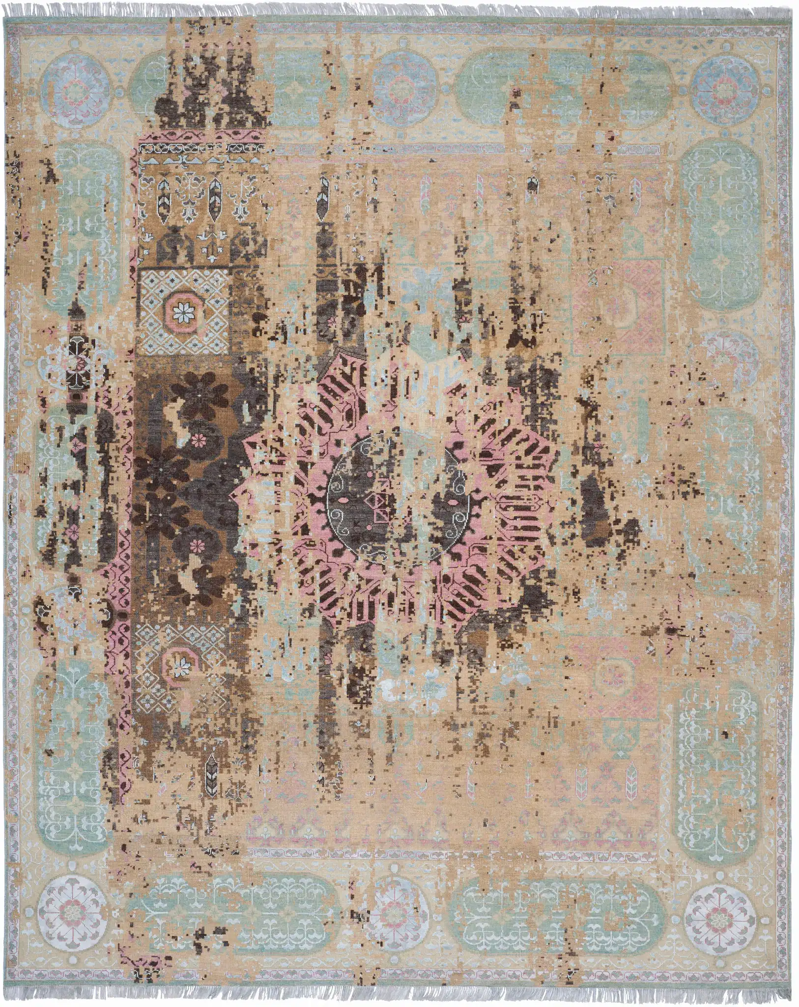 Vineyard Eroded Medallion Hand-Knotted Rug in Turquoise / Pink