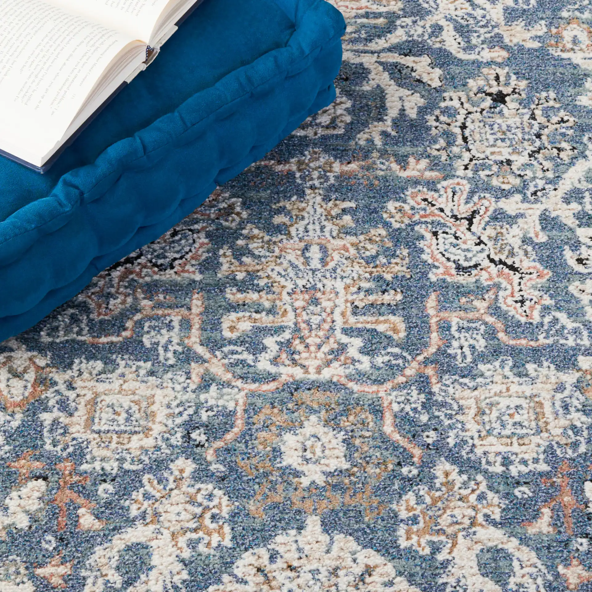 Vivaldi Floral Vine Rug in Navy / Ivory in a styled room