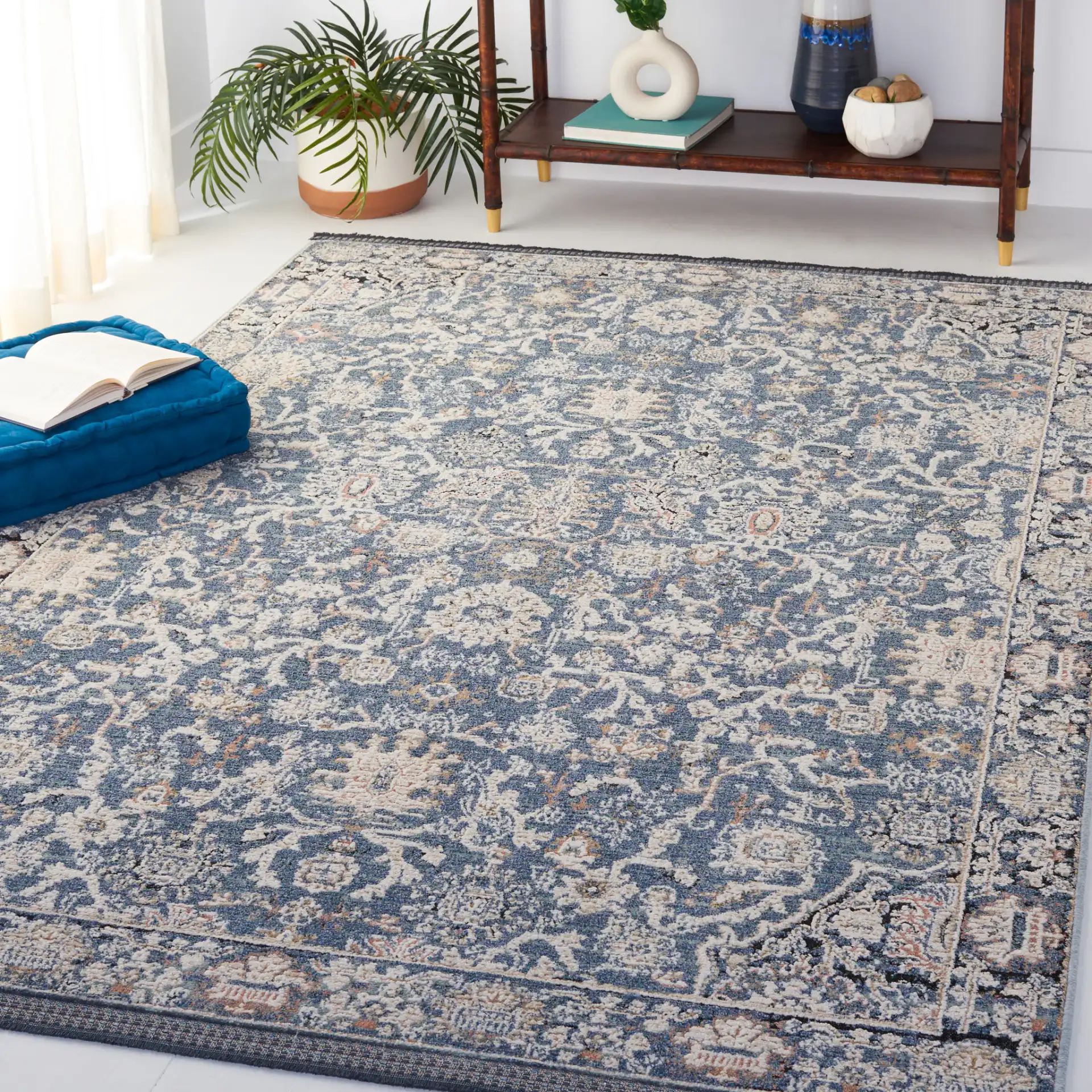 Vivaldi Floral Vine Rug in Navy / Ivory in a styled room