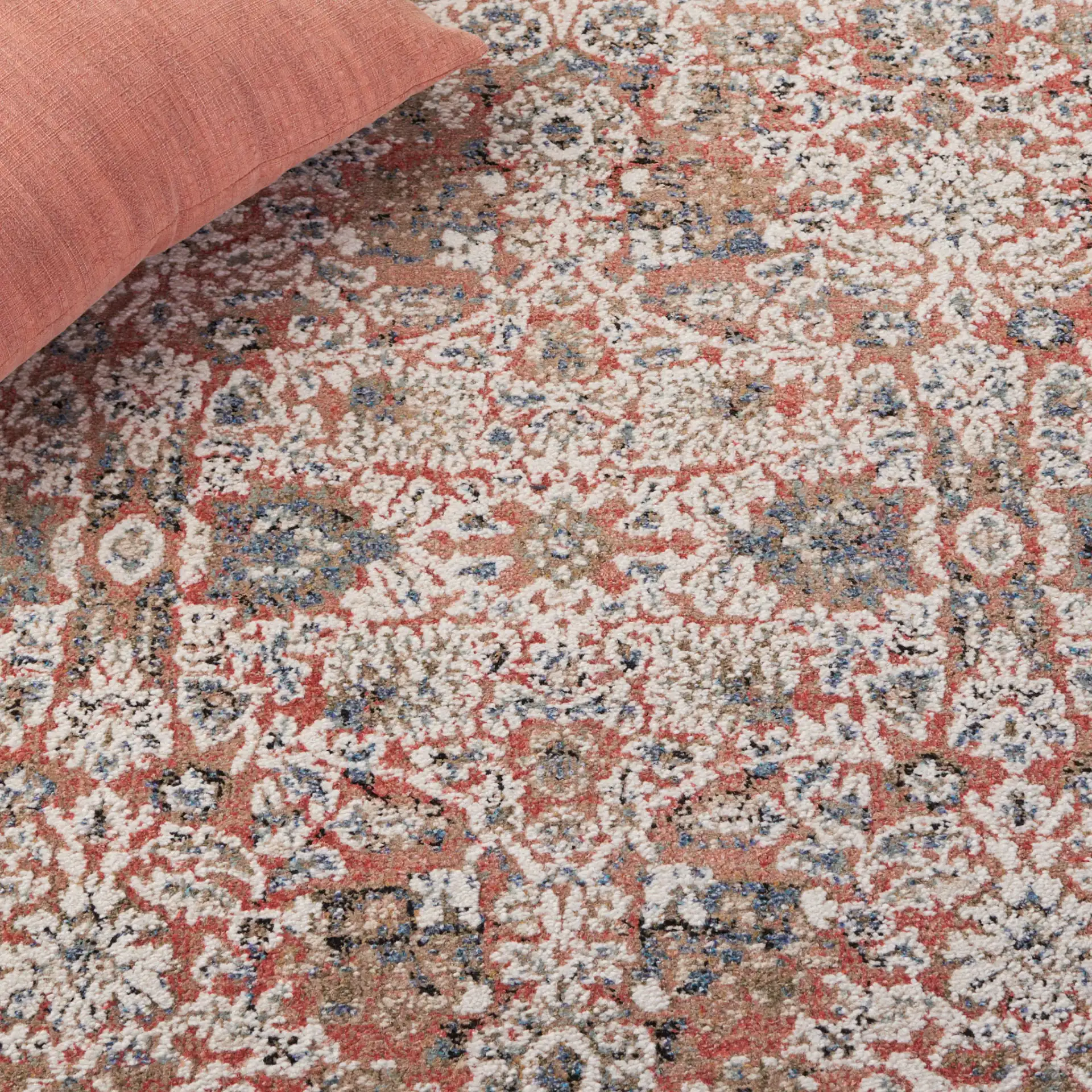 Vivaldi Bordered Traditional Rug in Navy / Rust in a styled room