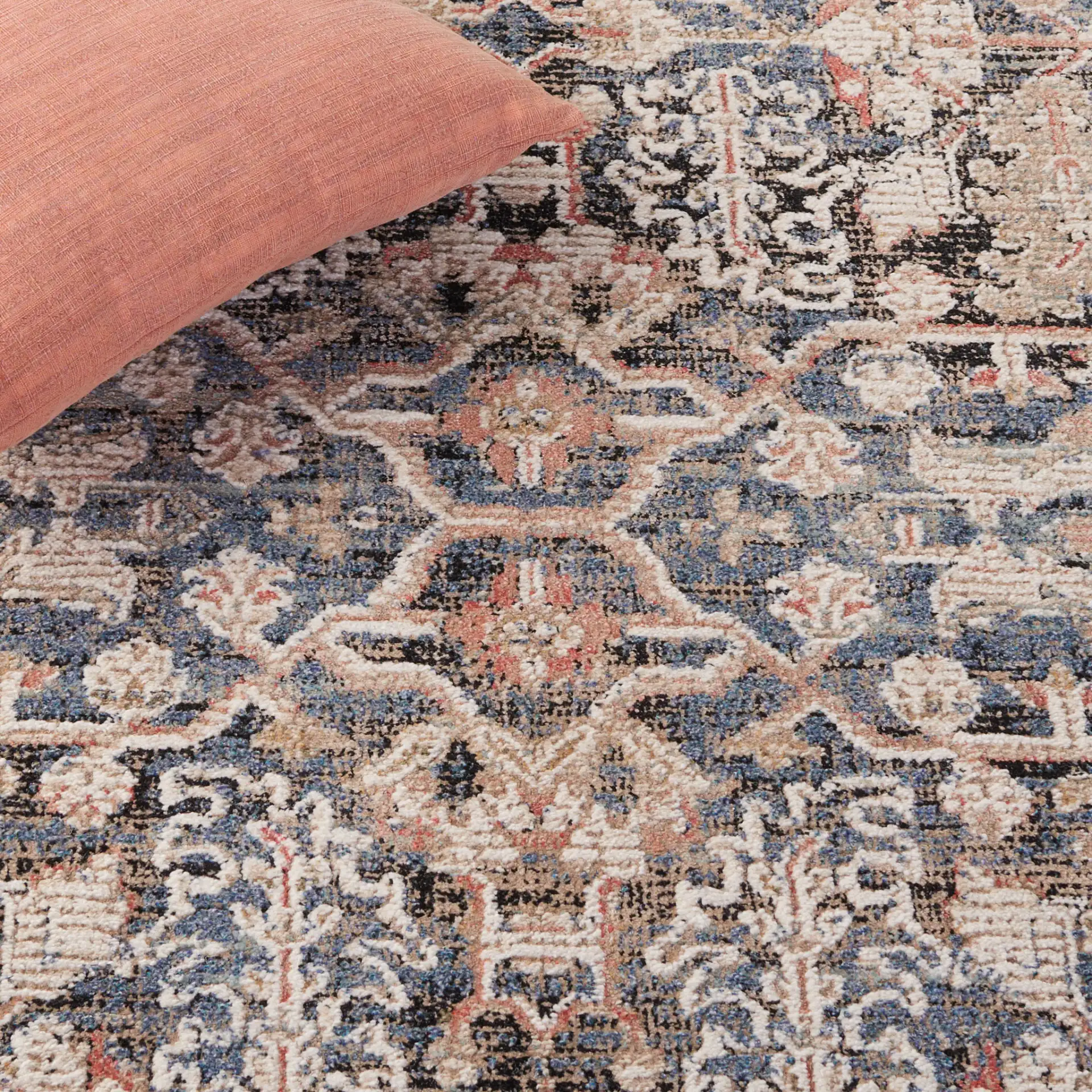 Vivaldi Distressed Floral Rug in Blue / Ivory in a styled room