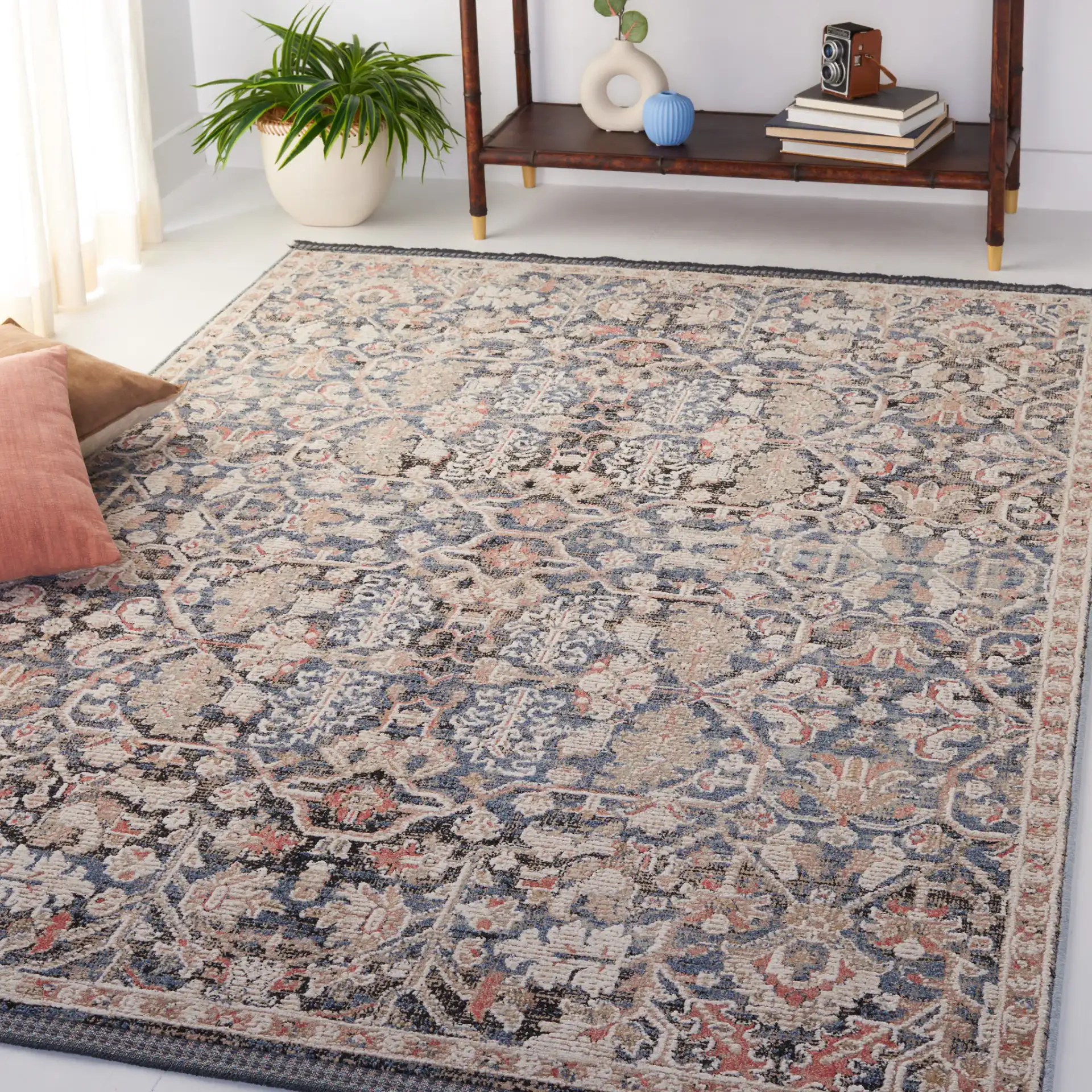 Vivaldi Distressed Floral Rug in Blue / Ivory in a styled room