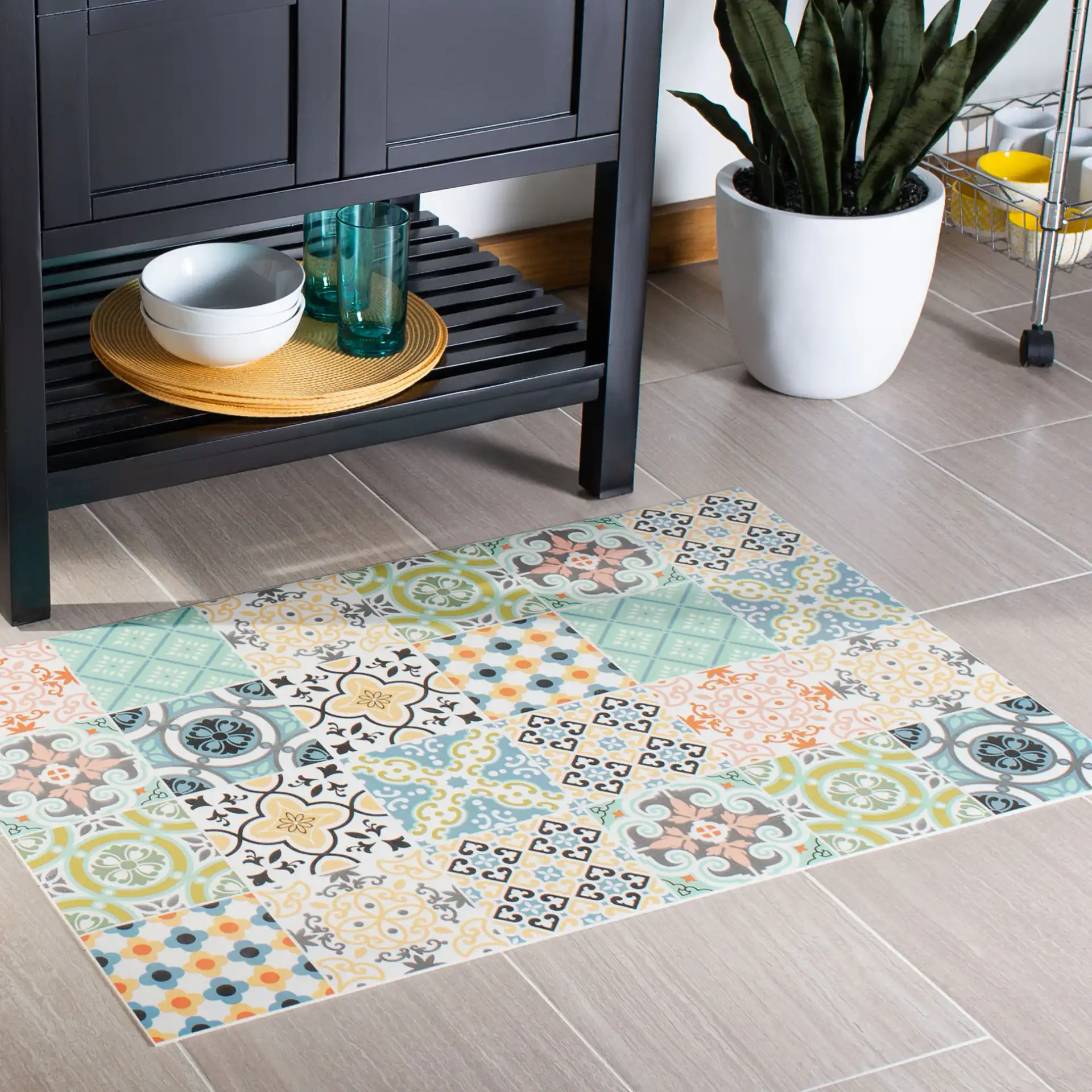 Vinyl Floor Mosaic Tile Rug in Vinyl Floor Mosaic Tile Rug in a styled room