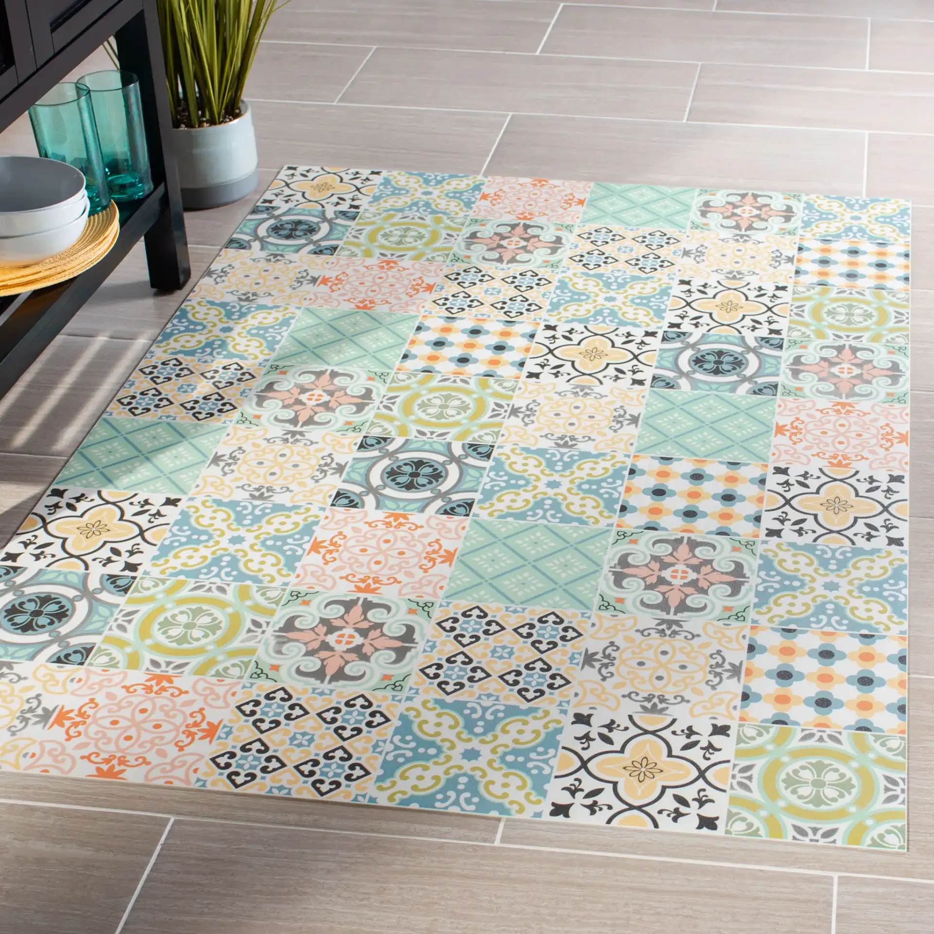 Vinyl Floor Mosaic Tile Rug in Vinyl Floor Mosaic Tile Rug in a styled room