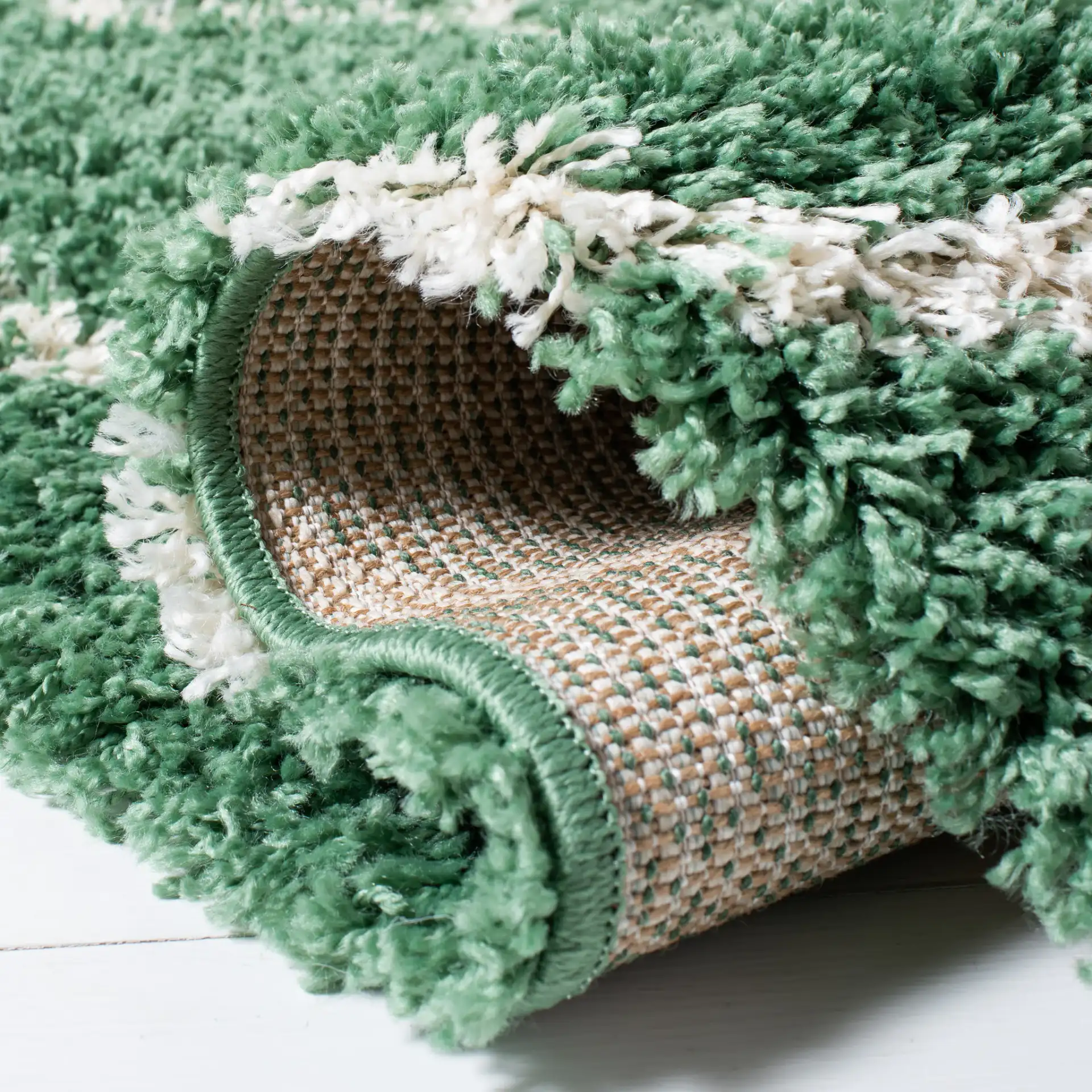 Venus Ogee Trellis Shag Rug in Green / Ivory in a styled room