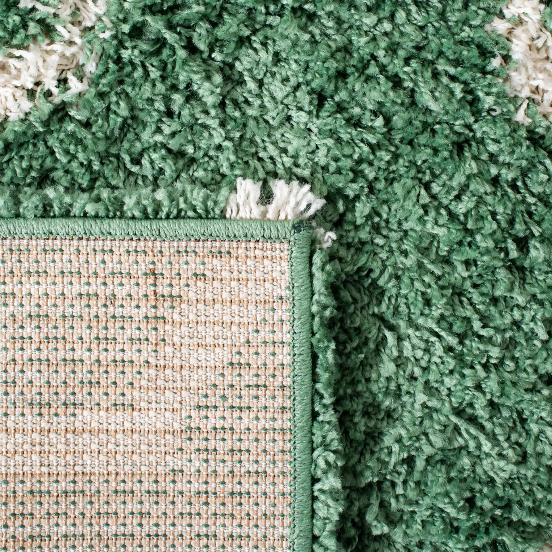 Venus Ogee Trellis Shag Rug in Green / Ivory in a styled room