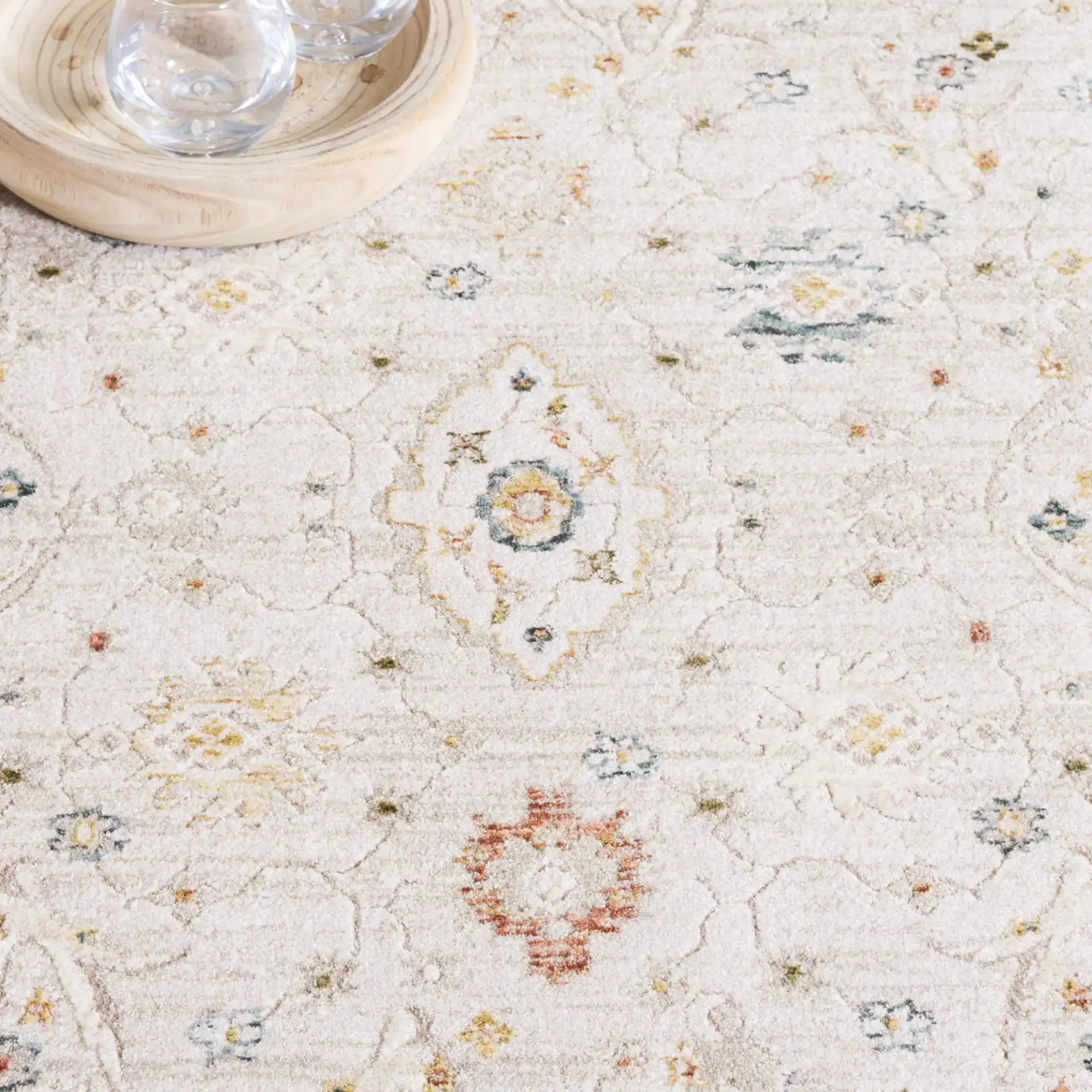 Verona Classic Medallion Border Rug in Ivory in a styled room