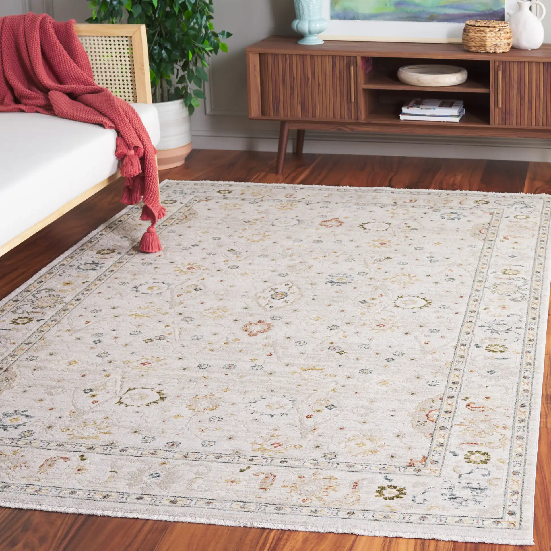 Verona Classic Medallion Border Rug in Ivory in a styled room