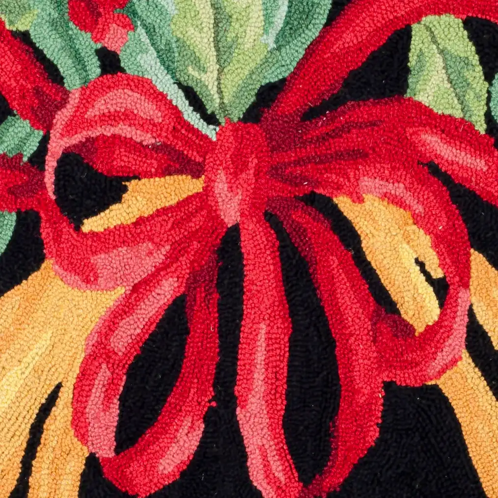 Vintage Posters Holiday Horn Hand-Hooked Wool Rug in Black / Multicolor in a styled room