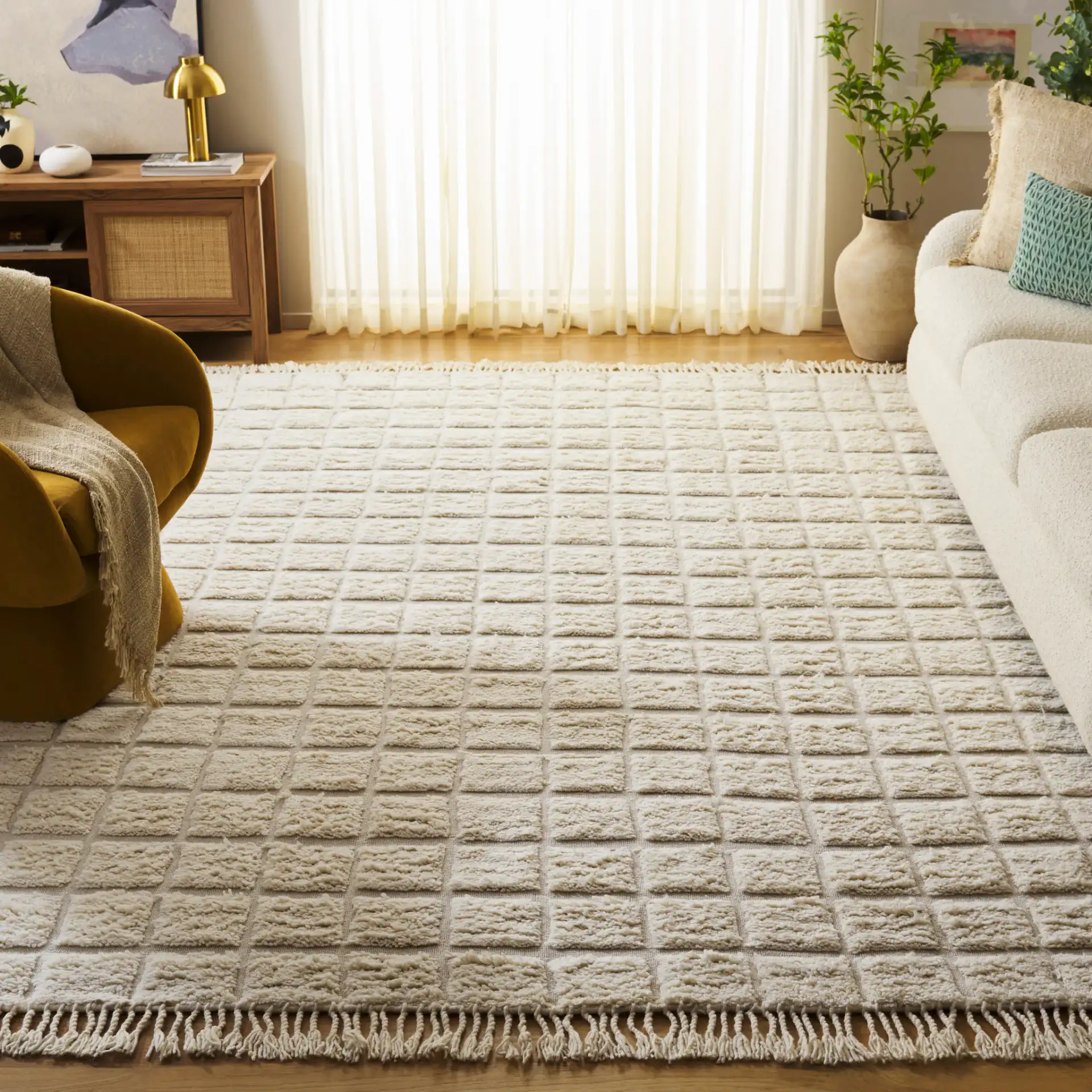 Vermont Grid Wool Rug in Ivory in a styled room