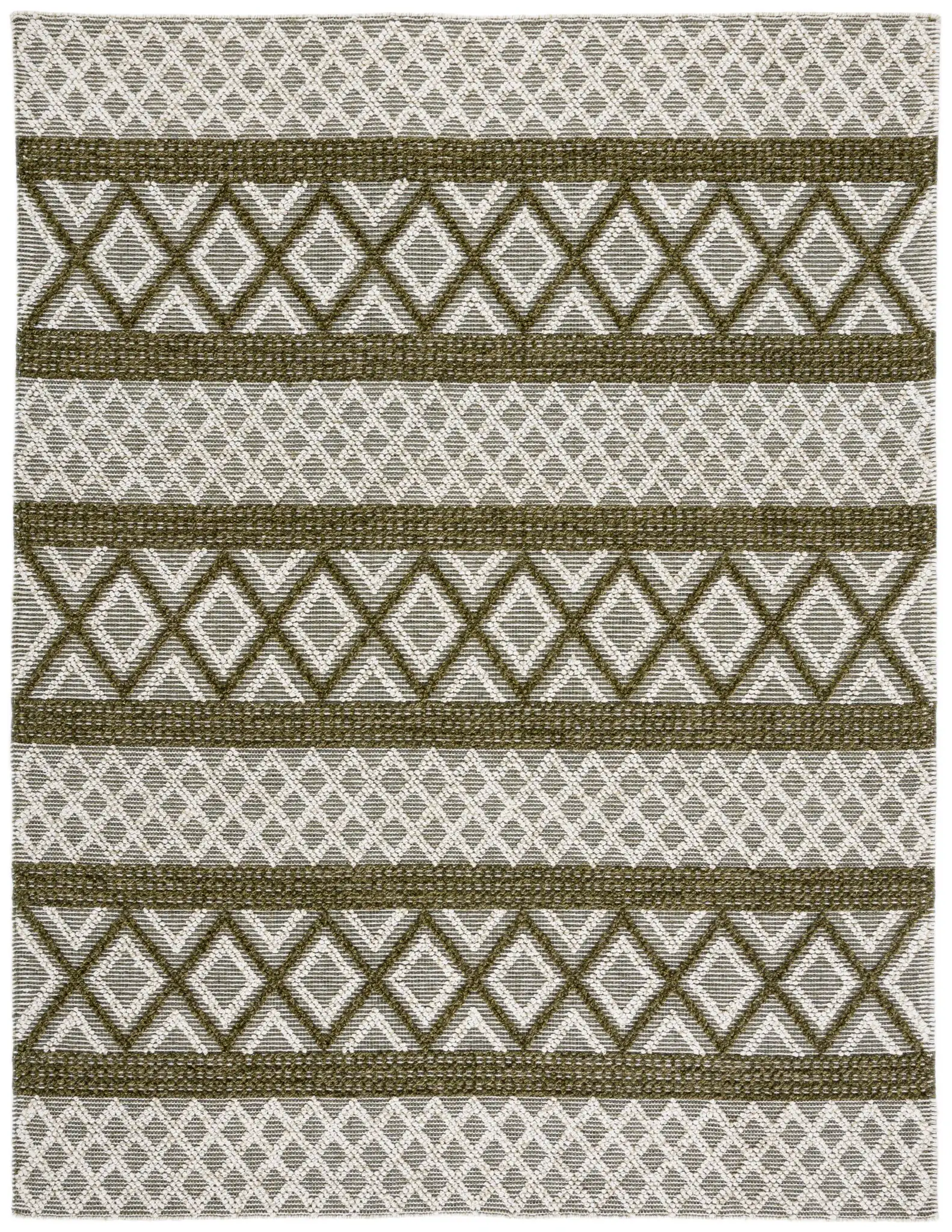 Vermont Banded Diamond Hand-Woven Wool and Cotton Rug in Ivory / Dark Green