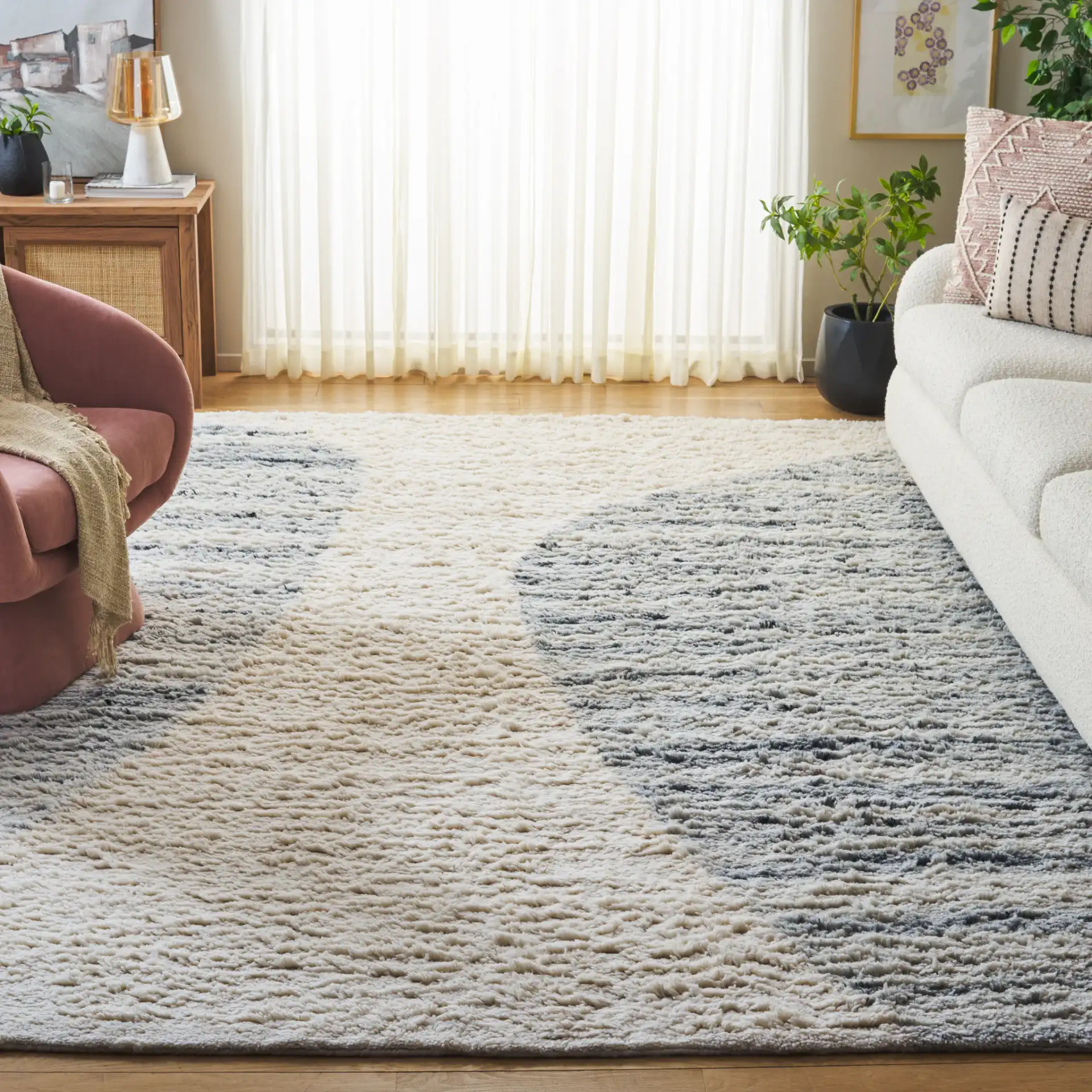 Vermont Abstract Path Wool Rug in Ivory / Gray in a styled room