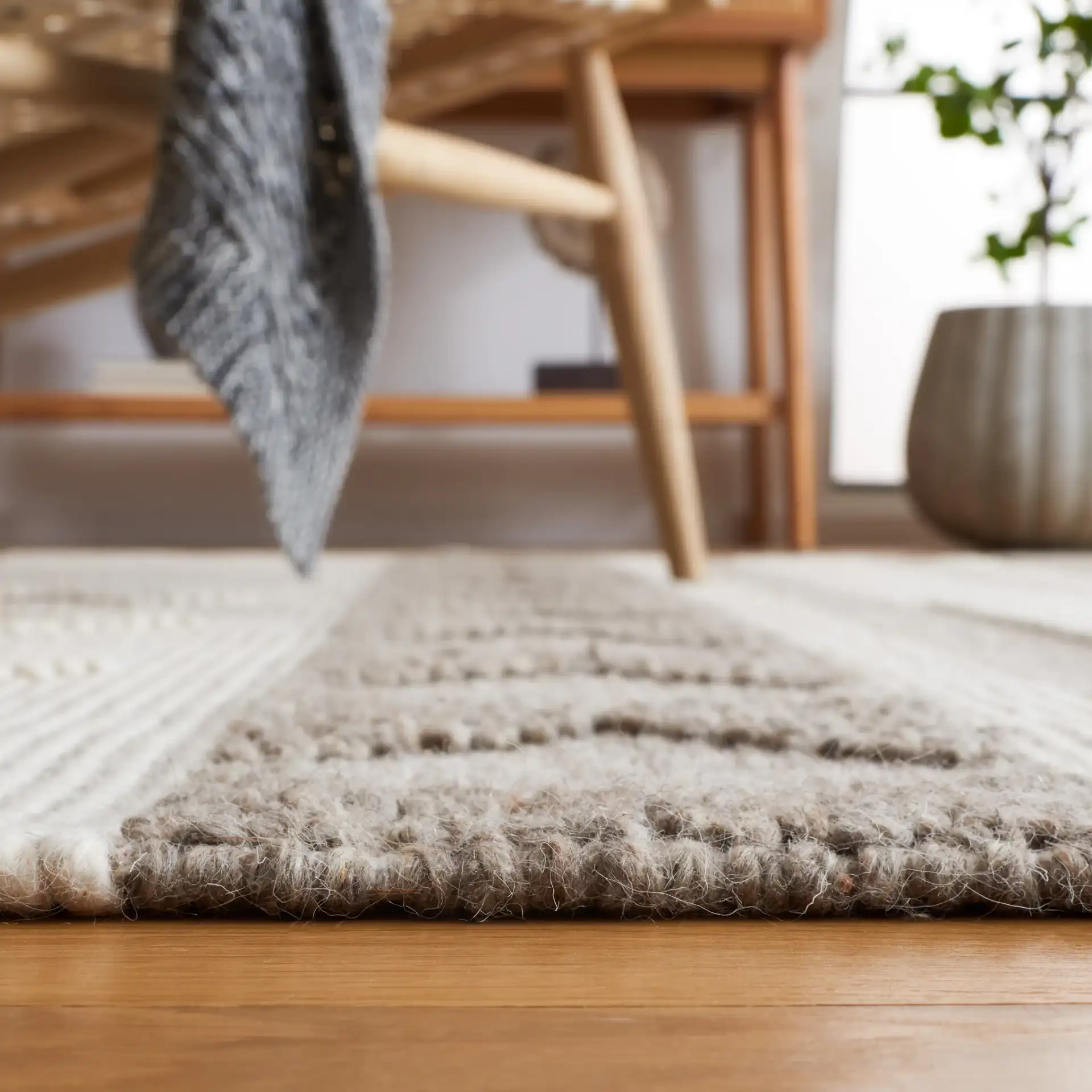 Vermont Kaden Banded Geometric Hand-Loomed Wool Rug in Ivory / Brown in a styled room