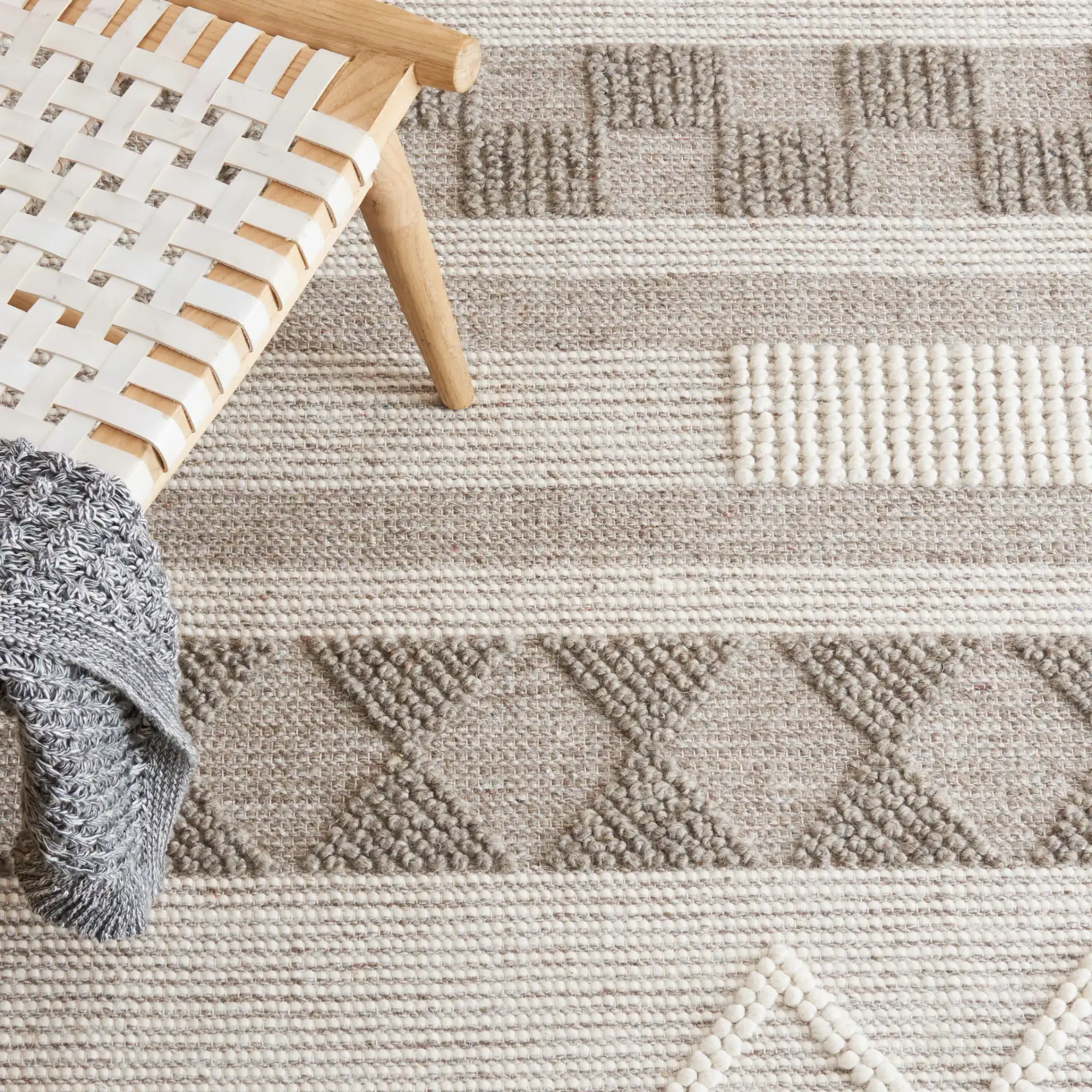 Vermont Kaden Banded Geometric Hand-Loomed Wool Rug in Ivory / Brown in a styled room