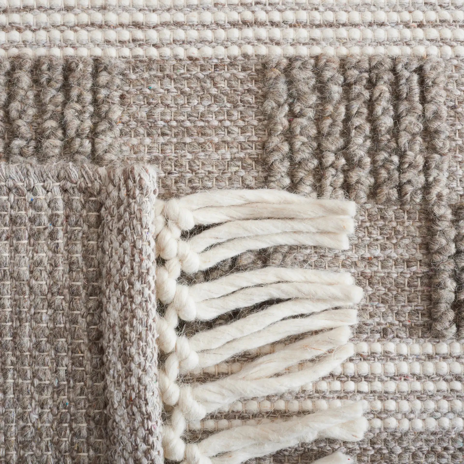Vermont Kaden Banded Geometric Hand-Loomed Wool Rug in Ivory / Brown in a styled room