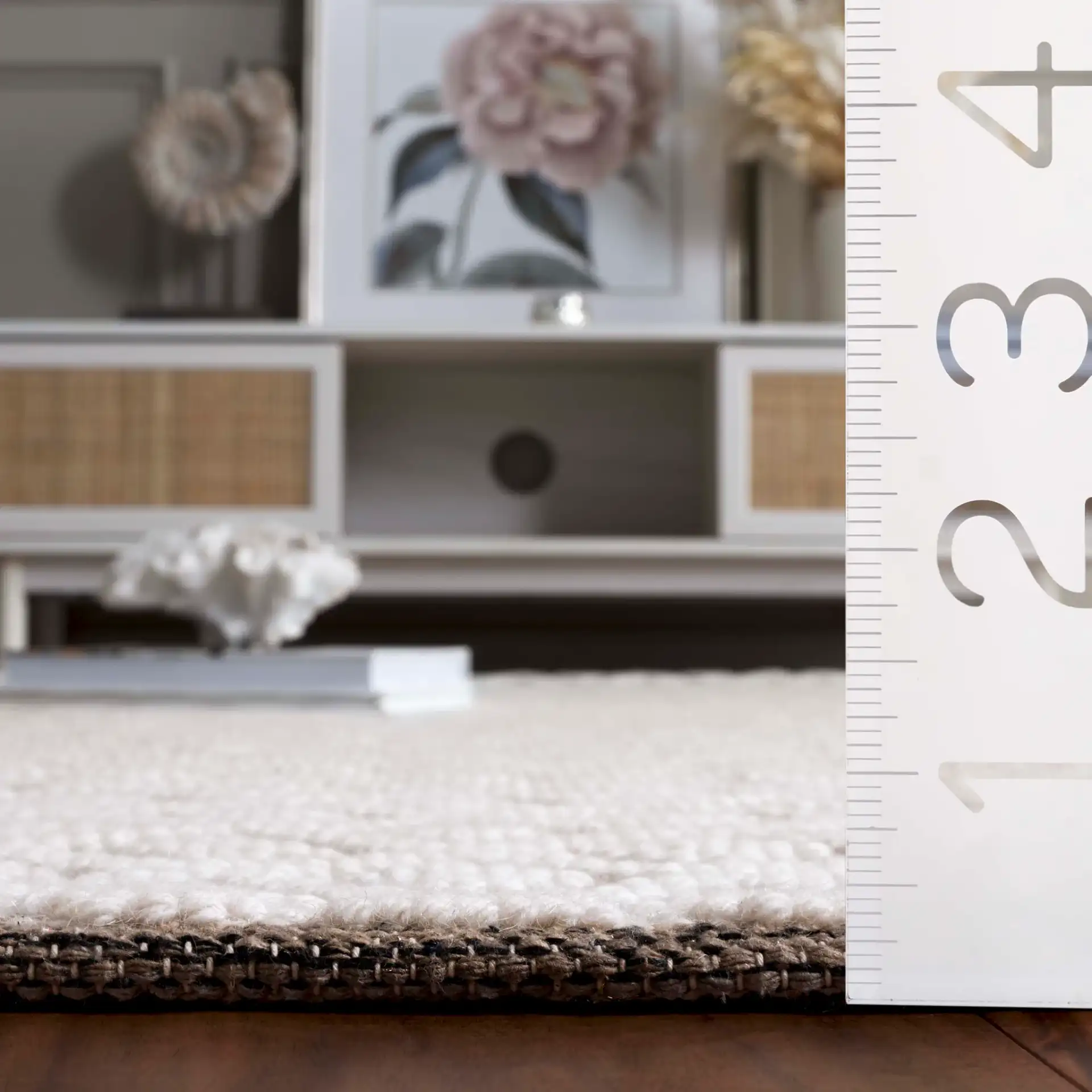 Vermont Diamond Lattice Hand-Woven Wool Rug in Ivory / Brown in a styled room