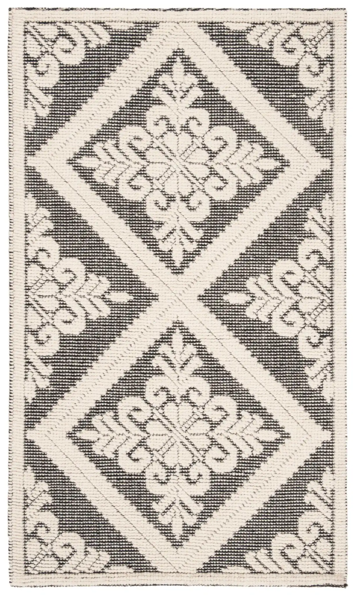 Vermont Floral Diamond Hand-Woven Wool Rug in Ivory / Black
