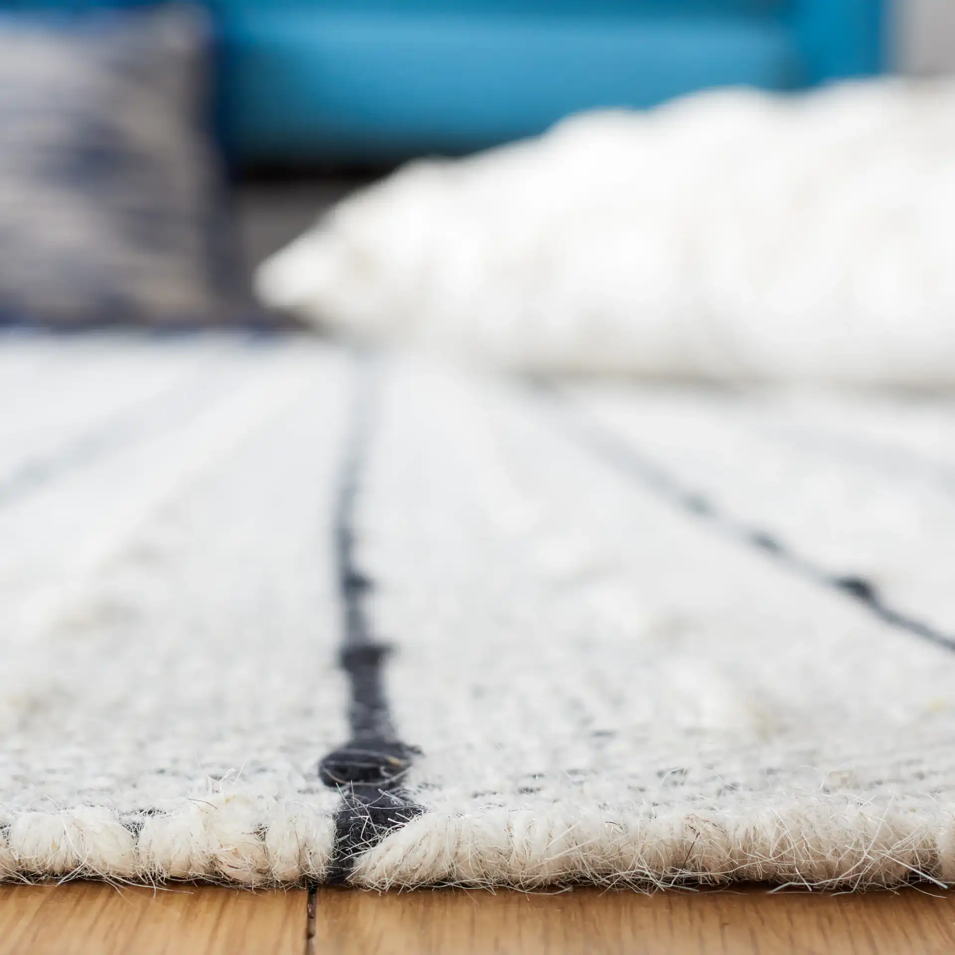 Vermont Dashed Stripe Flatweave Rug in Ivory / Black in a styled room