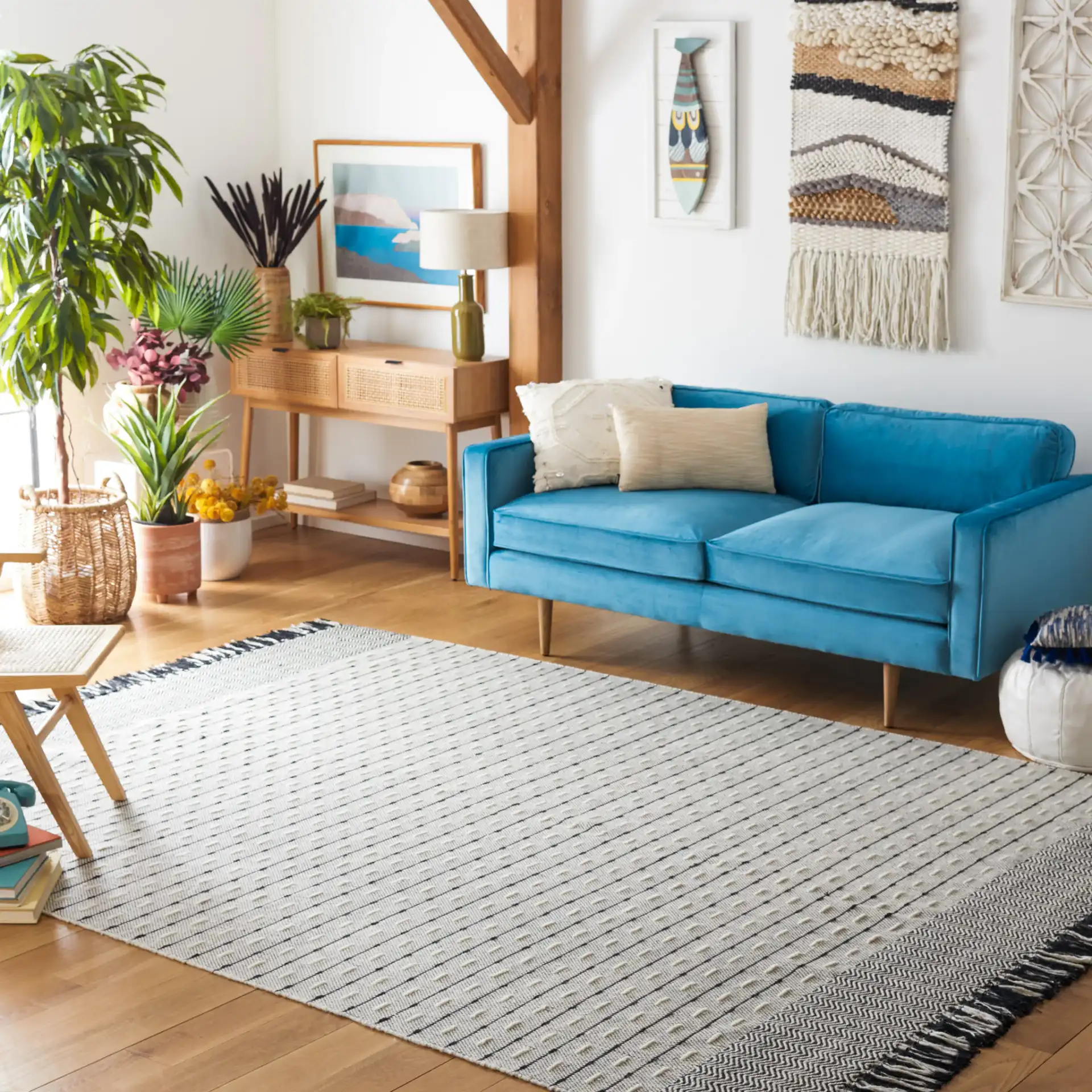 Vermont Dashed Stripe Flatweave Rug in Ivory / Black in a styled room