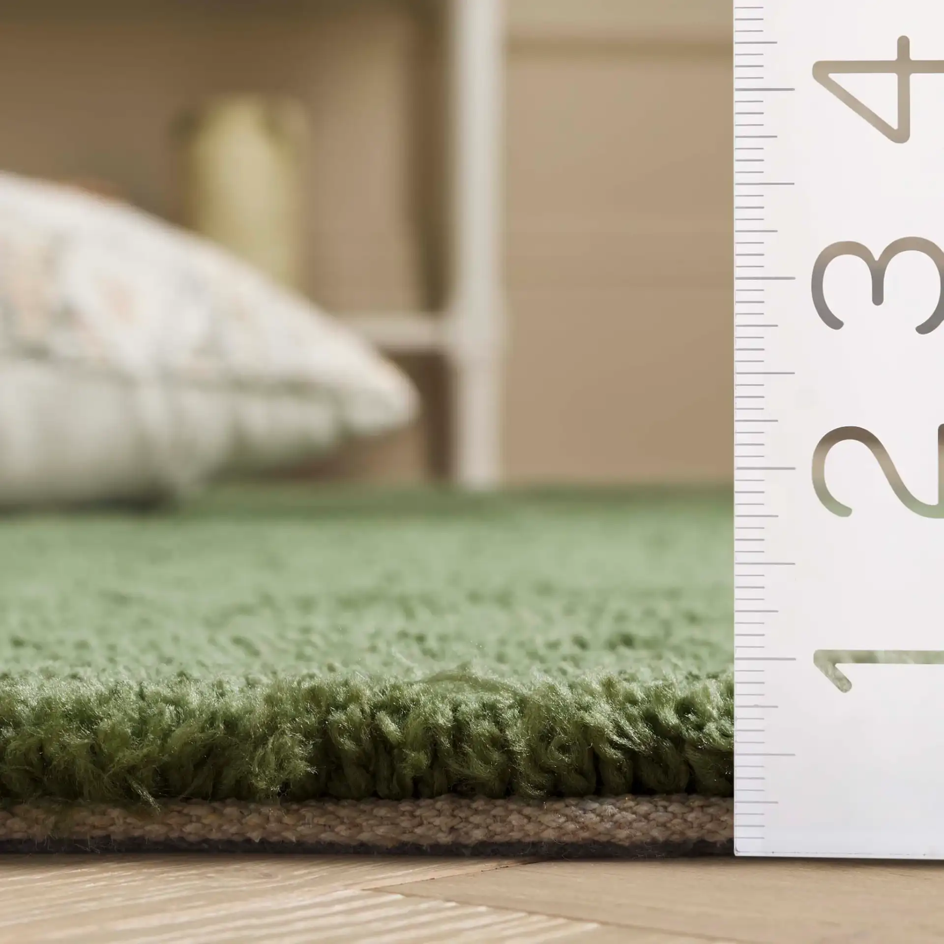 Vermont Ribbed Fringe Rug in Green in a styled room