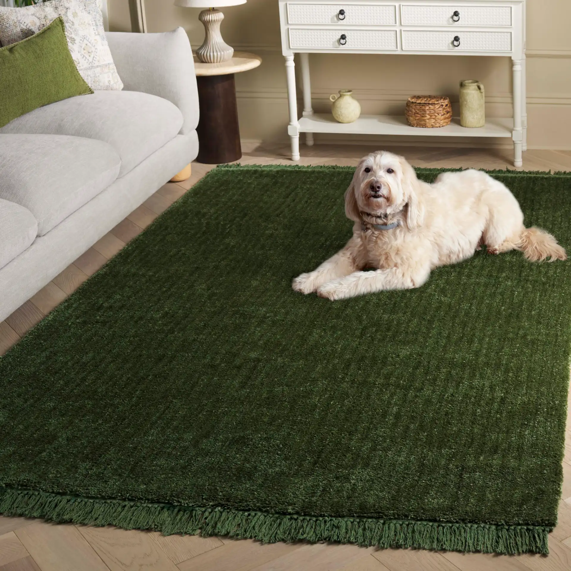 Vermont Ribbed Fringe Rug in Green in a styled room